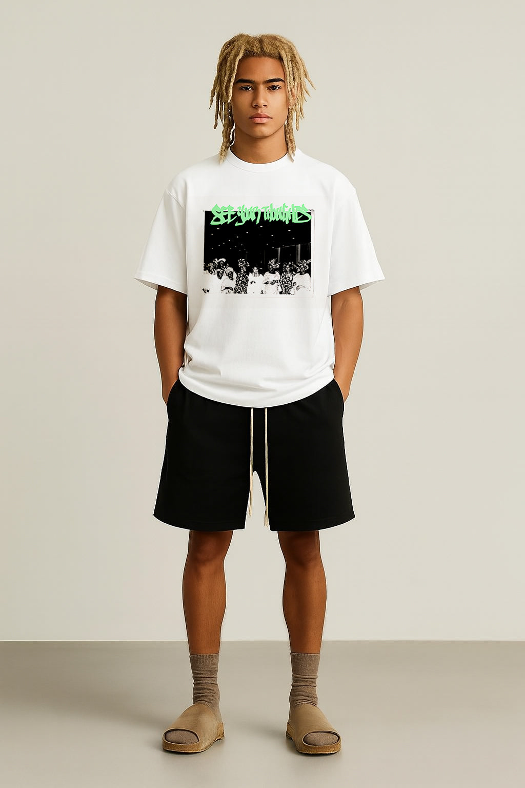 White Memory Card Print T-Shirt - Green Print
