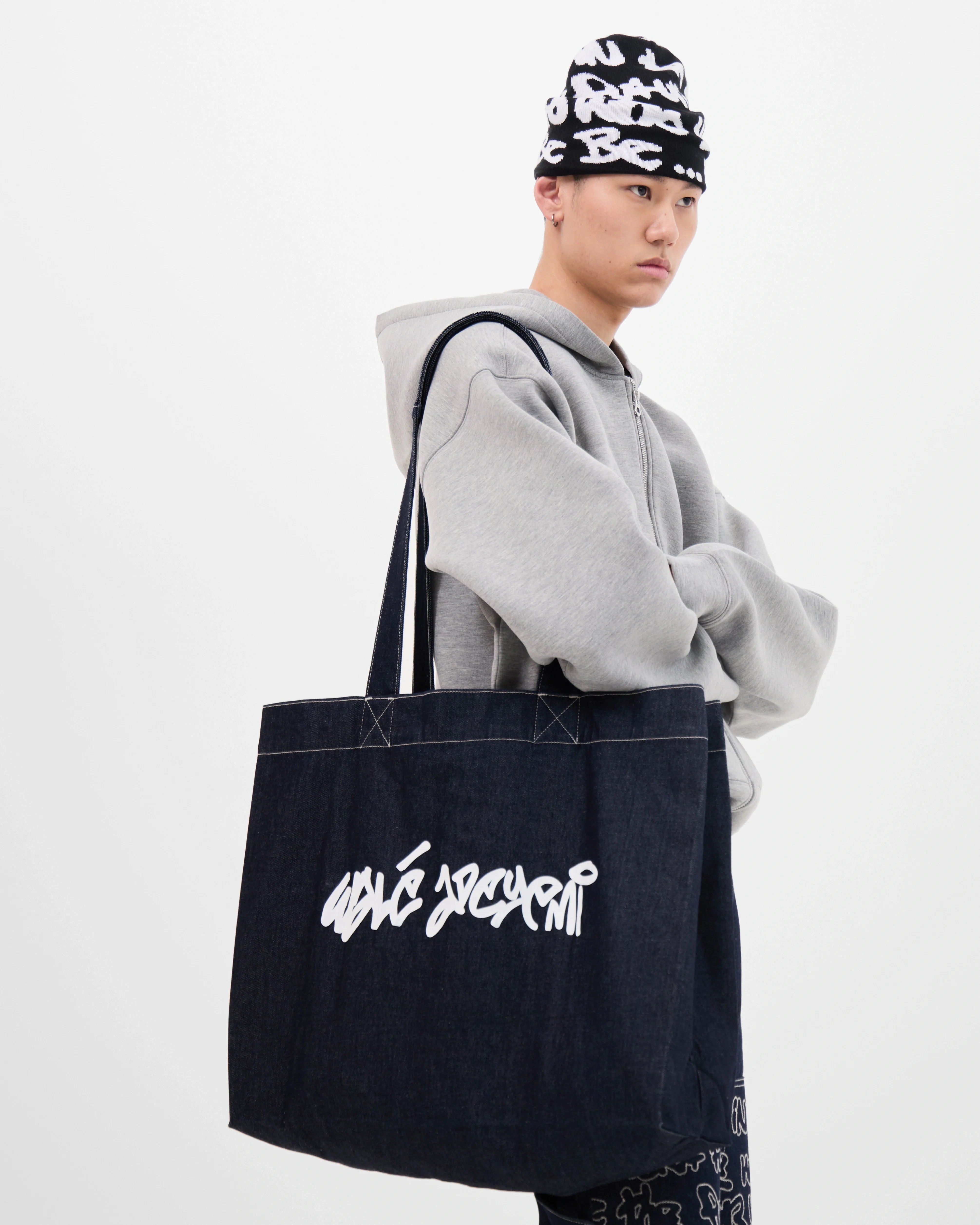 Walé Adeyemi Denim Tote Bag in Blue/White, alternate front product view