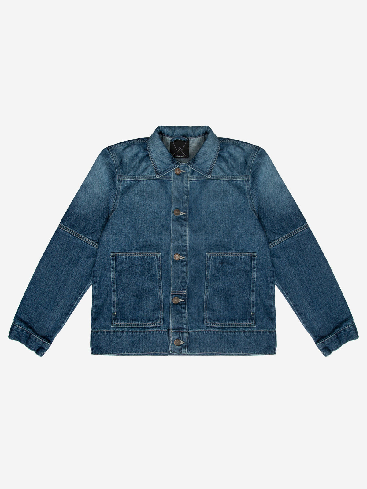 Front flat lay of Wale Adeyemi Ghost denim jacket in dark ink indigo wash with point collar and twin patch pockets