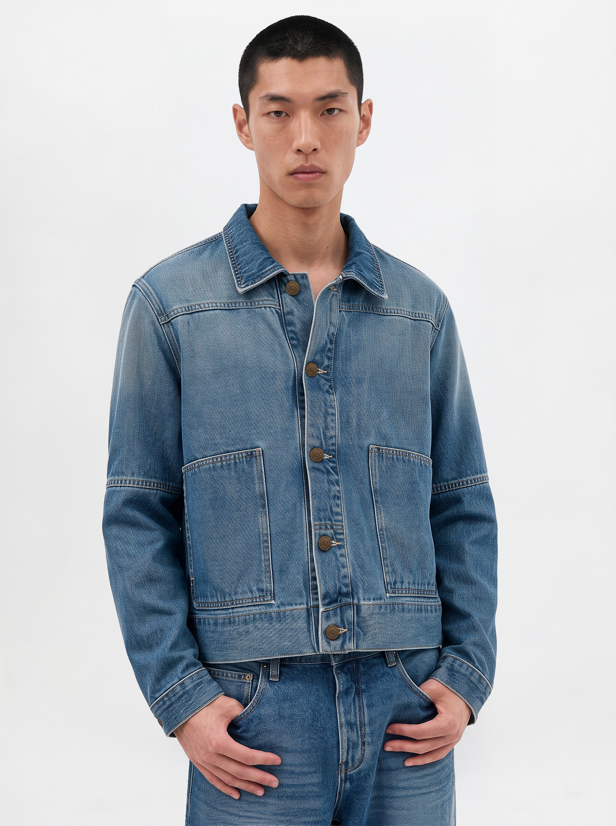 Walé Adeyemi Phantom Denim Jacket in Faded, model detail view