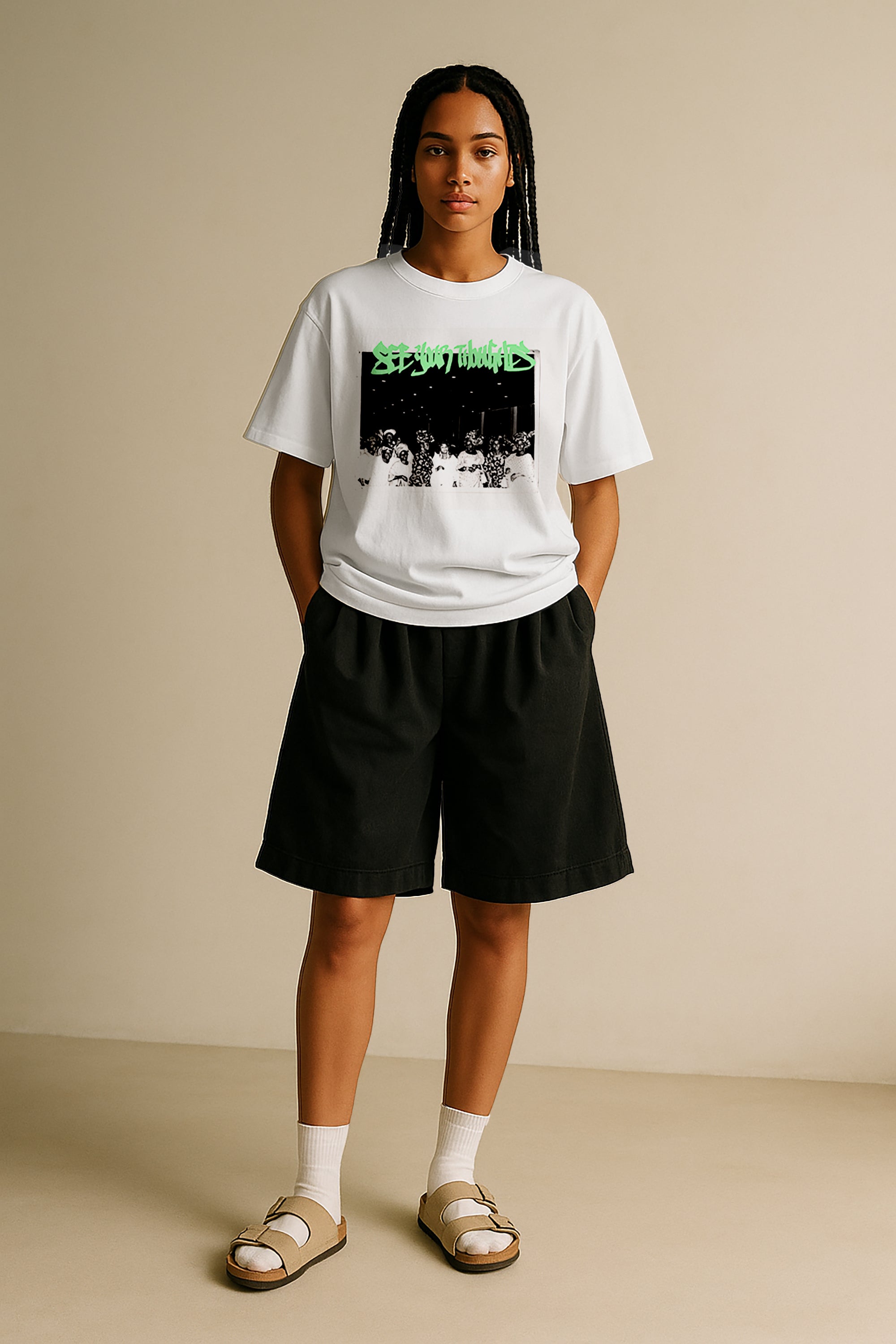 White Memory Card Print T-Shirt - Green Print