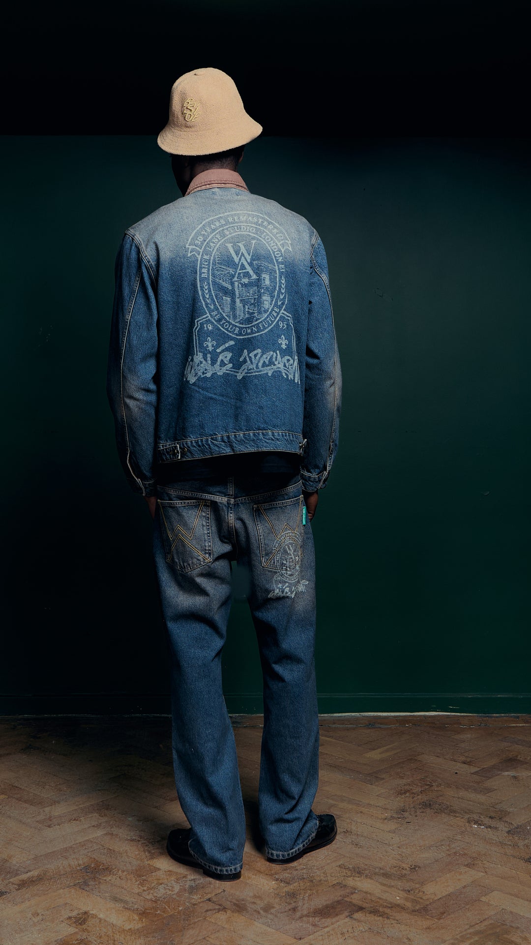 Walé Adeyemi AW26 Masters denim hero, Photoshop collar repair, mobile