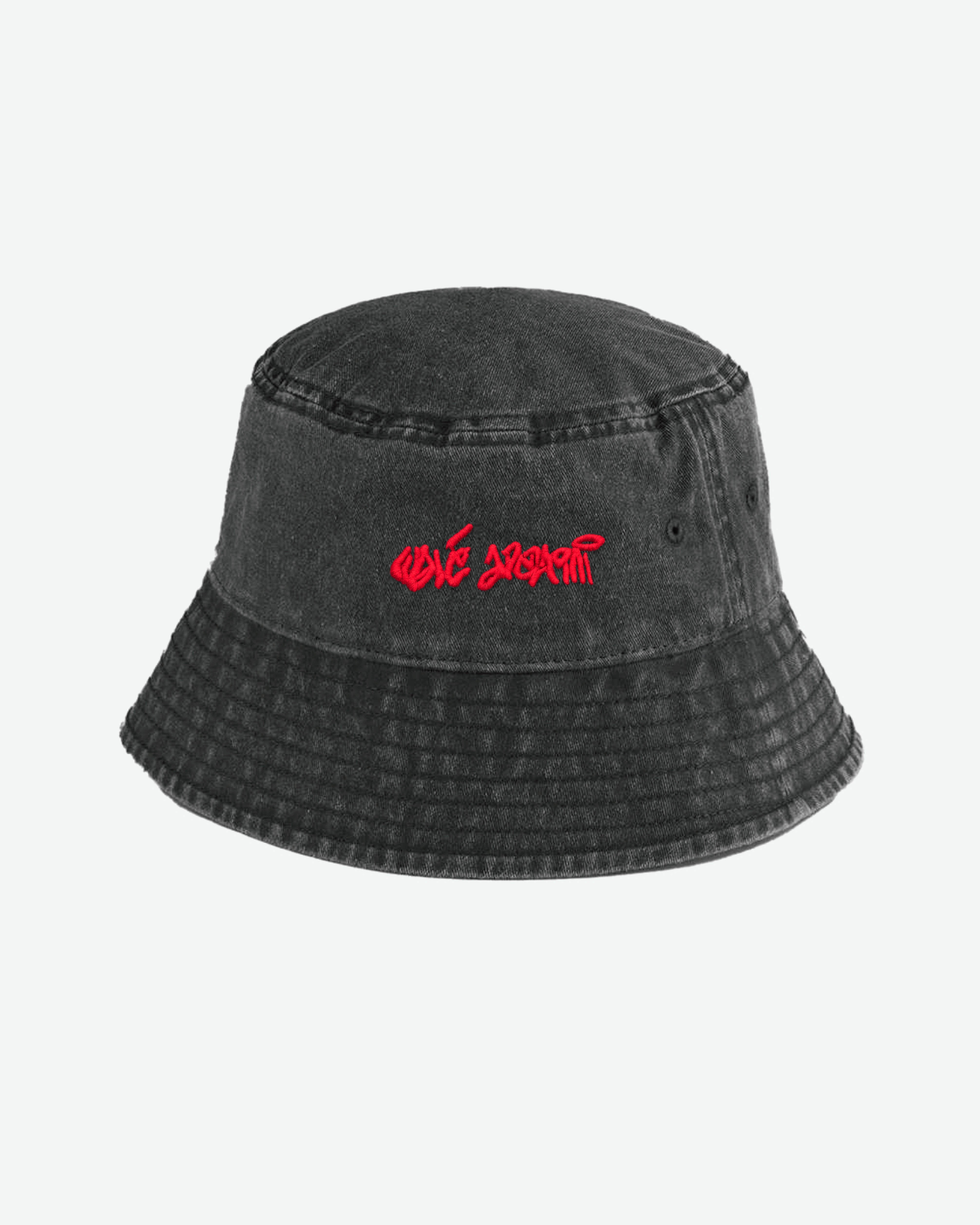 Walé Adeyemi Chorus Bucket Hat in Black/Red, front product view with graffiti print