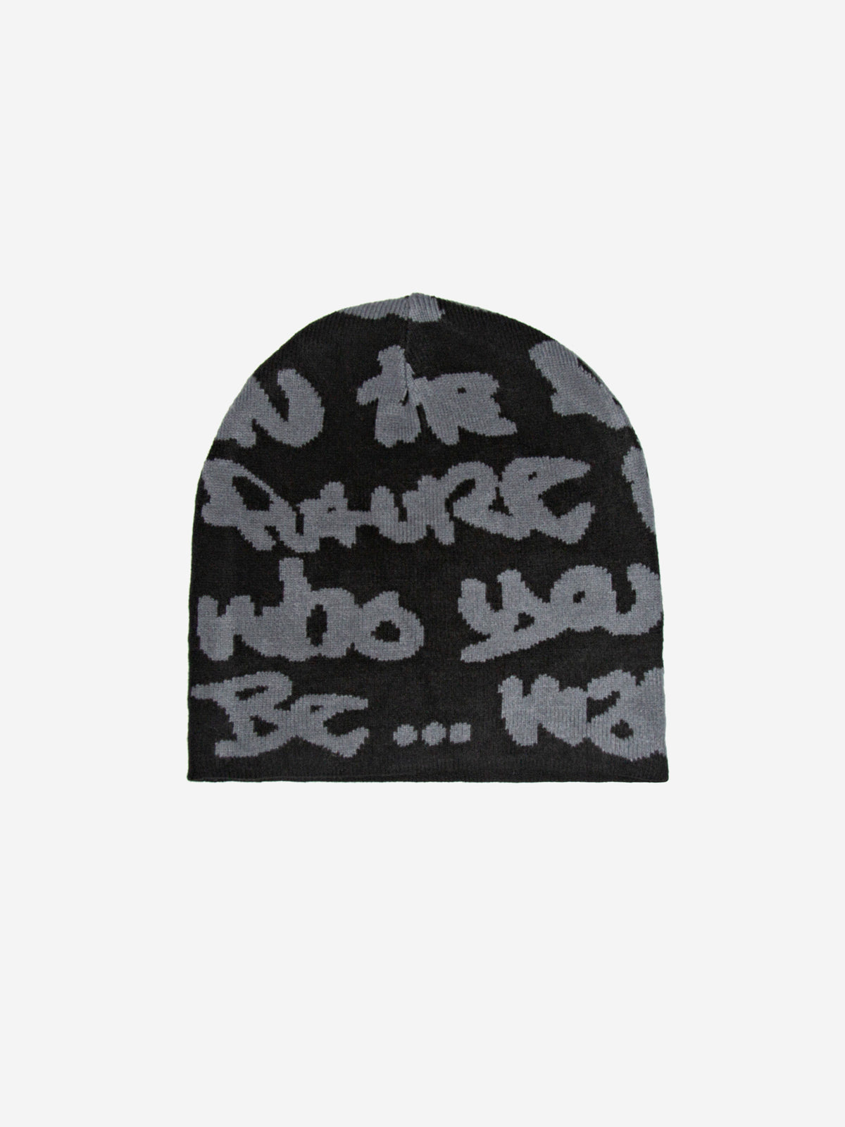 Walé Adeyemi Beanie in Black/Grey, flat back view, grey Graf knitted all over