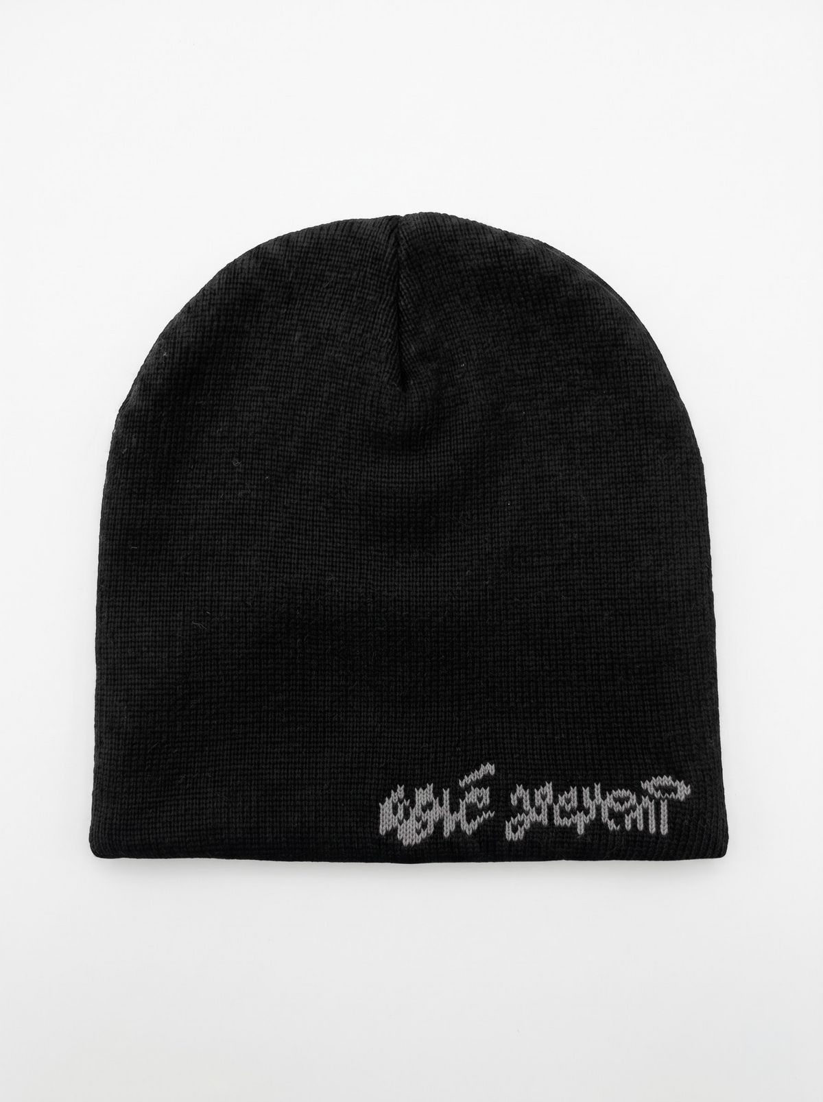 Inside of the Walé Adeyemi Beanie in Black/Grey, plain black knit with the wordmark knitted in grey