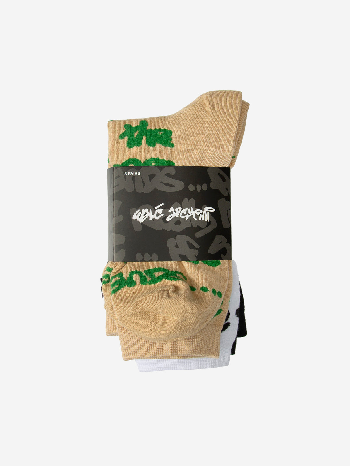 Walé Adeyemi Graf Sock 3 Pack in its black Graf packaging band, sand pair with green Graf lettering on top
