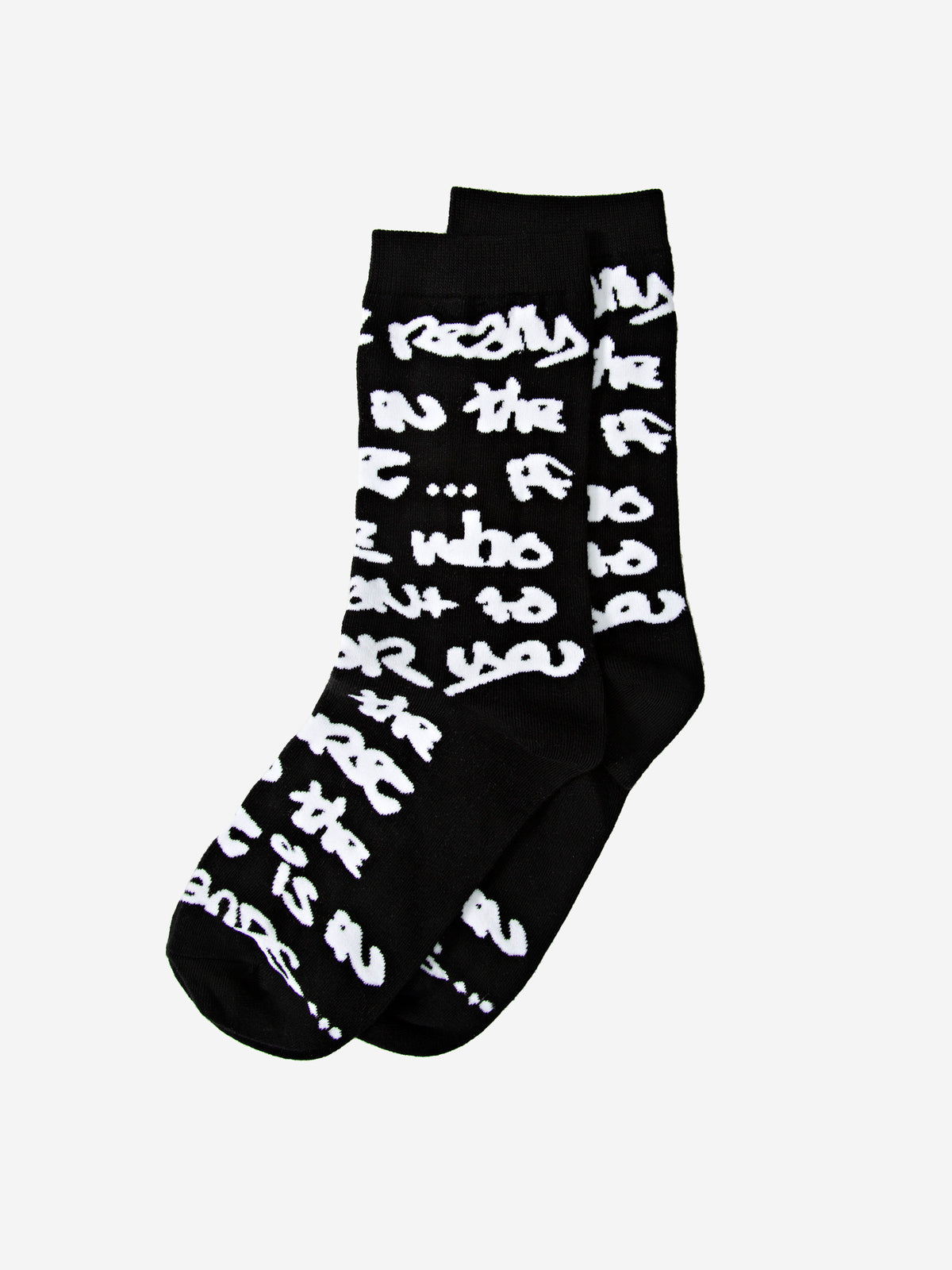 Walé Adeyemi Graf Sock in Black, flat lay view, all-over white Graf lettering from cuff to toe