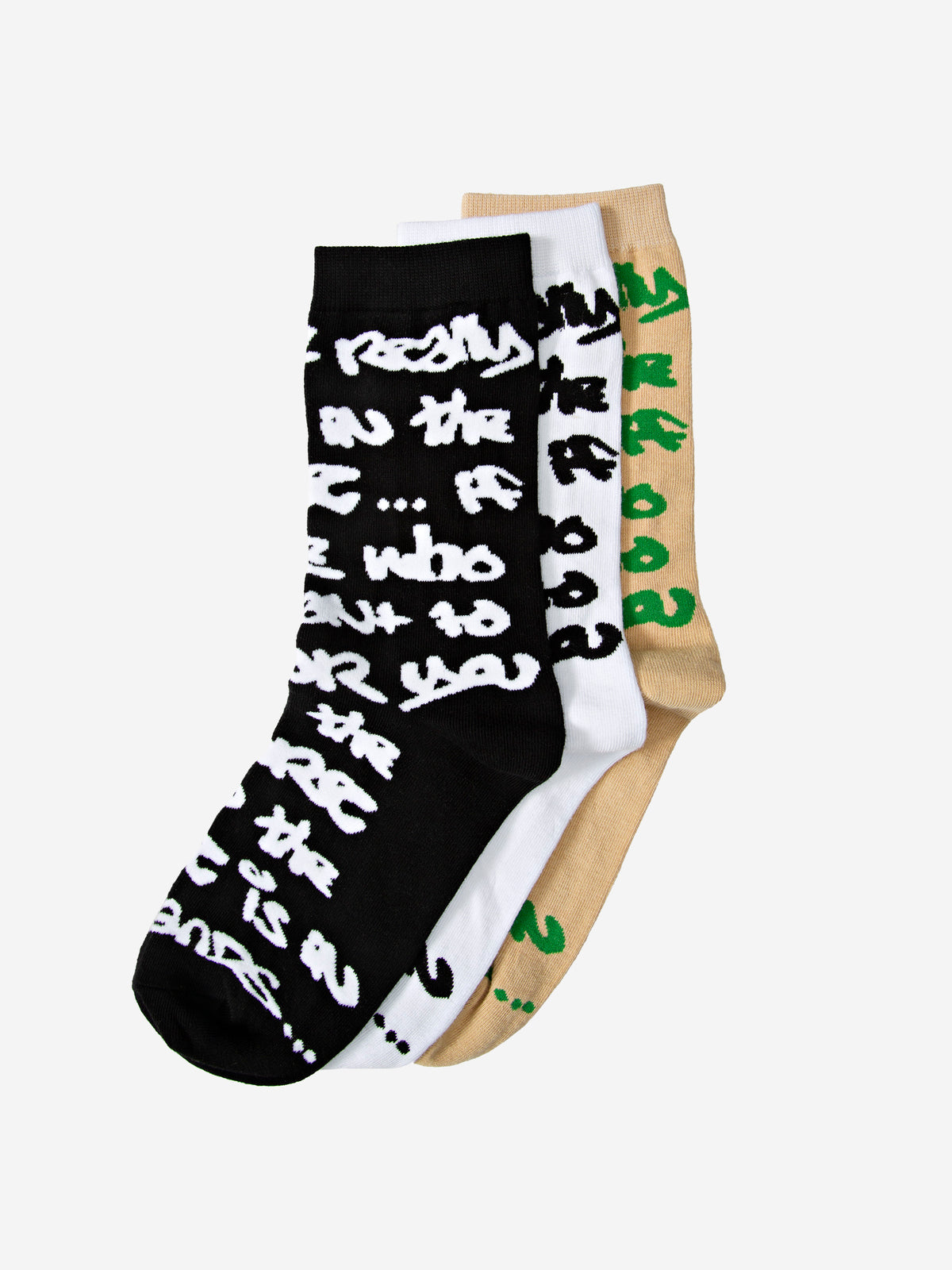 Walé Adeyemi Graf Sock 3 Pack, flat lay front view, three pairs fanned out in black, white and sand with all-over Graf lettering