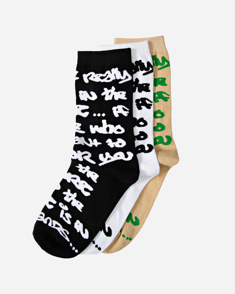 Walé Adeyemi Graf Sock 3 Pack, flat lay front view, three pairs fanned out in black, white and sand with all-over Graf lettering