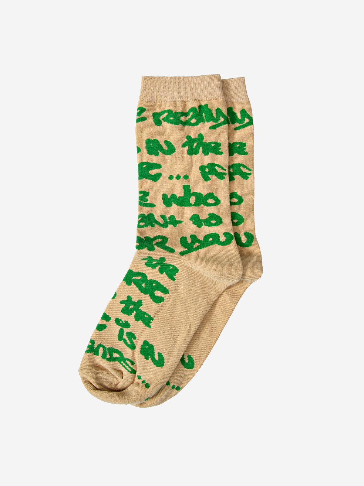 Walé Adeyemi Graf Sock in Sand, flat lay view, all-over green Graf lettering from cuff to toe