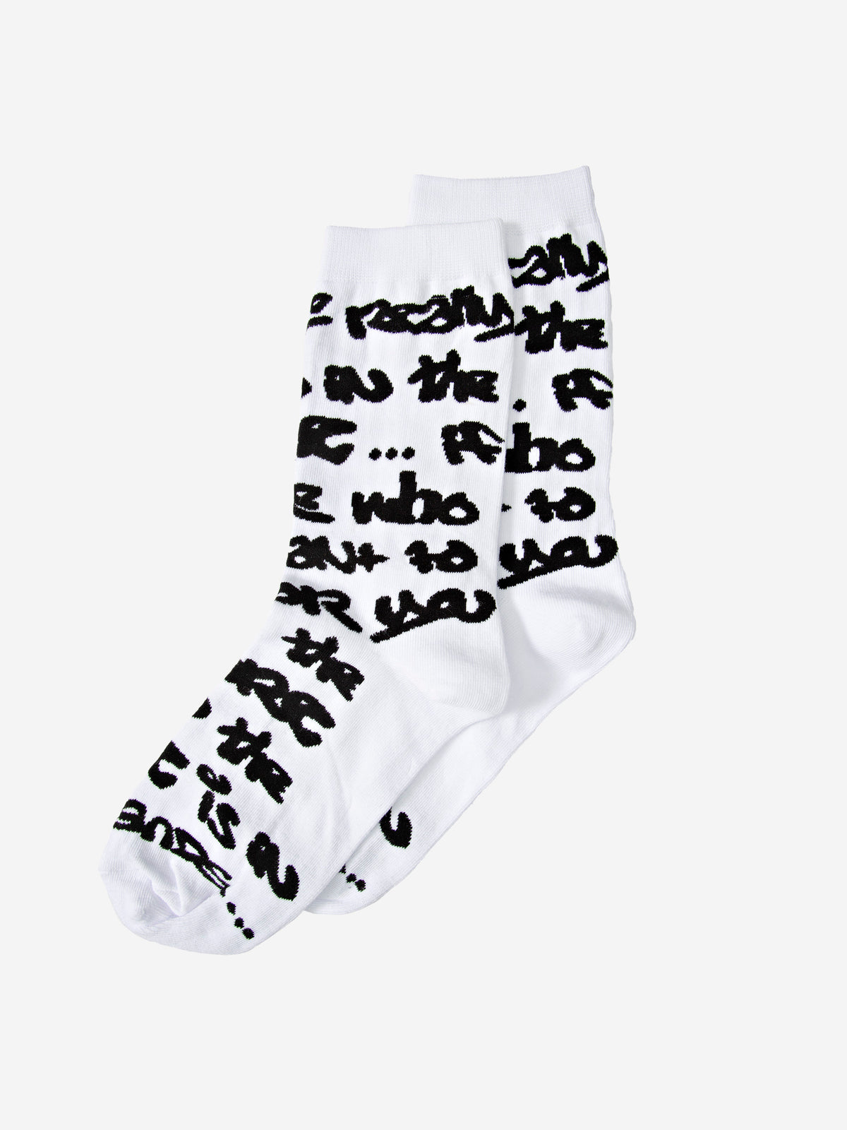 Walé Adeyemi Graf Sock in White, flat lay view, all-over black Graf lettering from cuff to toe