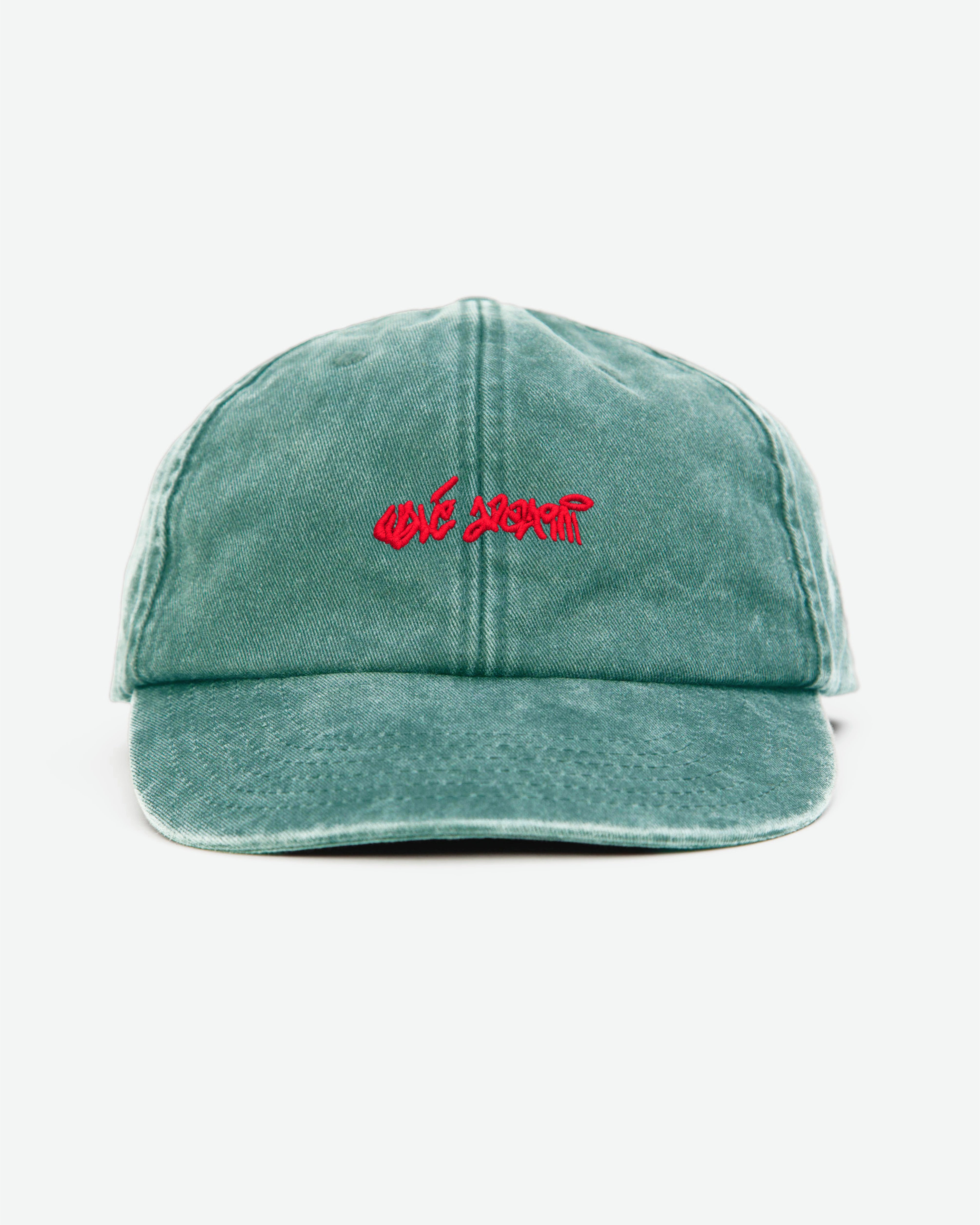 Walé Adeyemi Chorus Cap in Green/Red, front product view with graffiti print