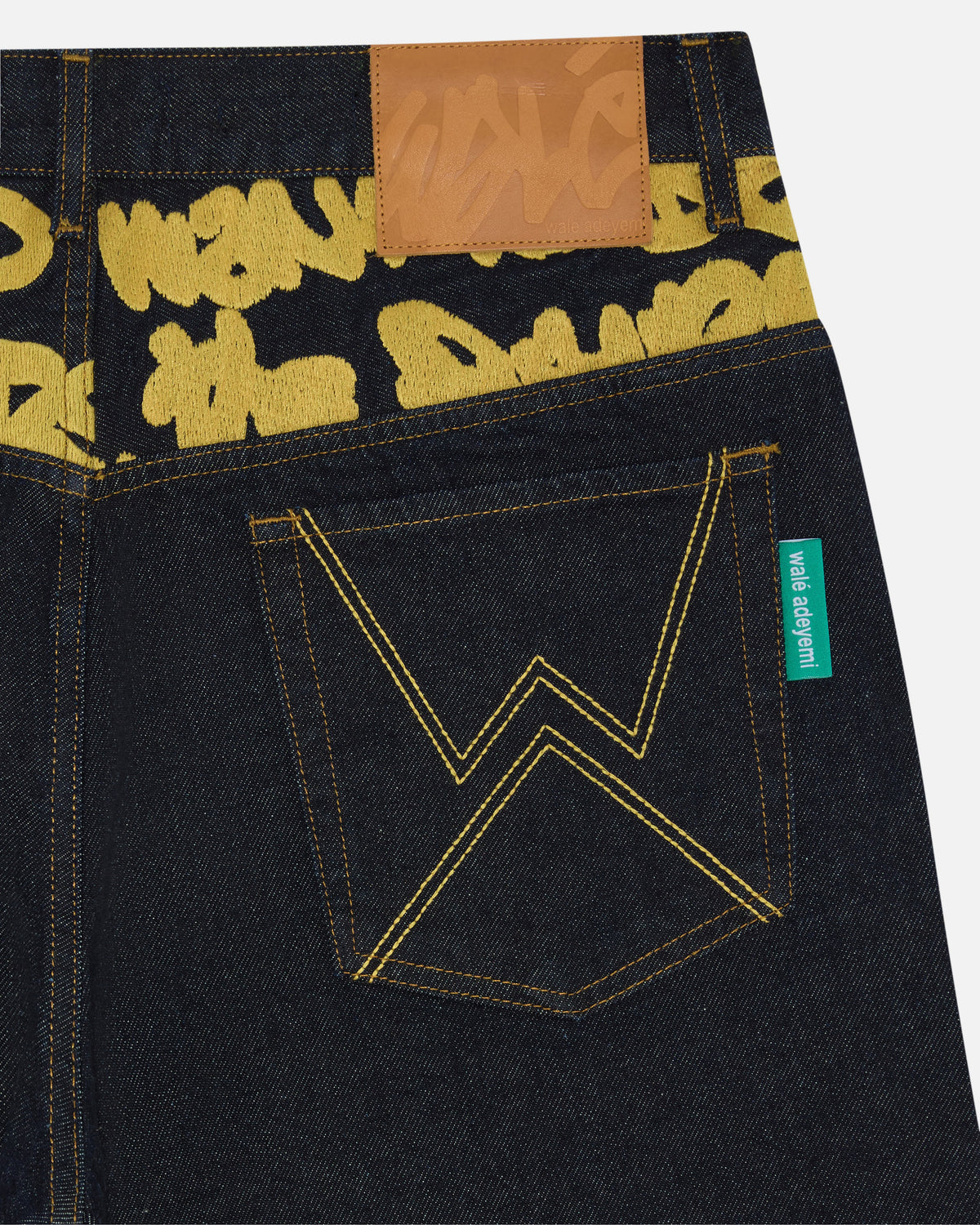 Walé Adeyemi Sessions Denim Jeans in Misted Yellow (raw rinse wash), back pocket detail