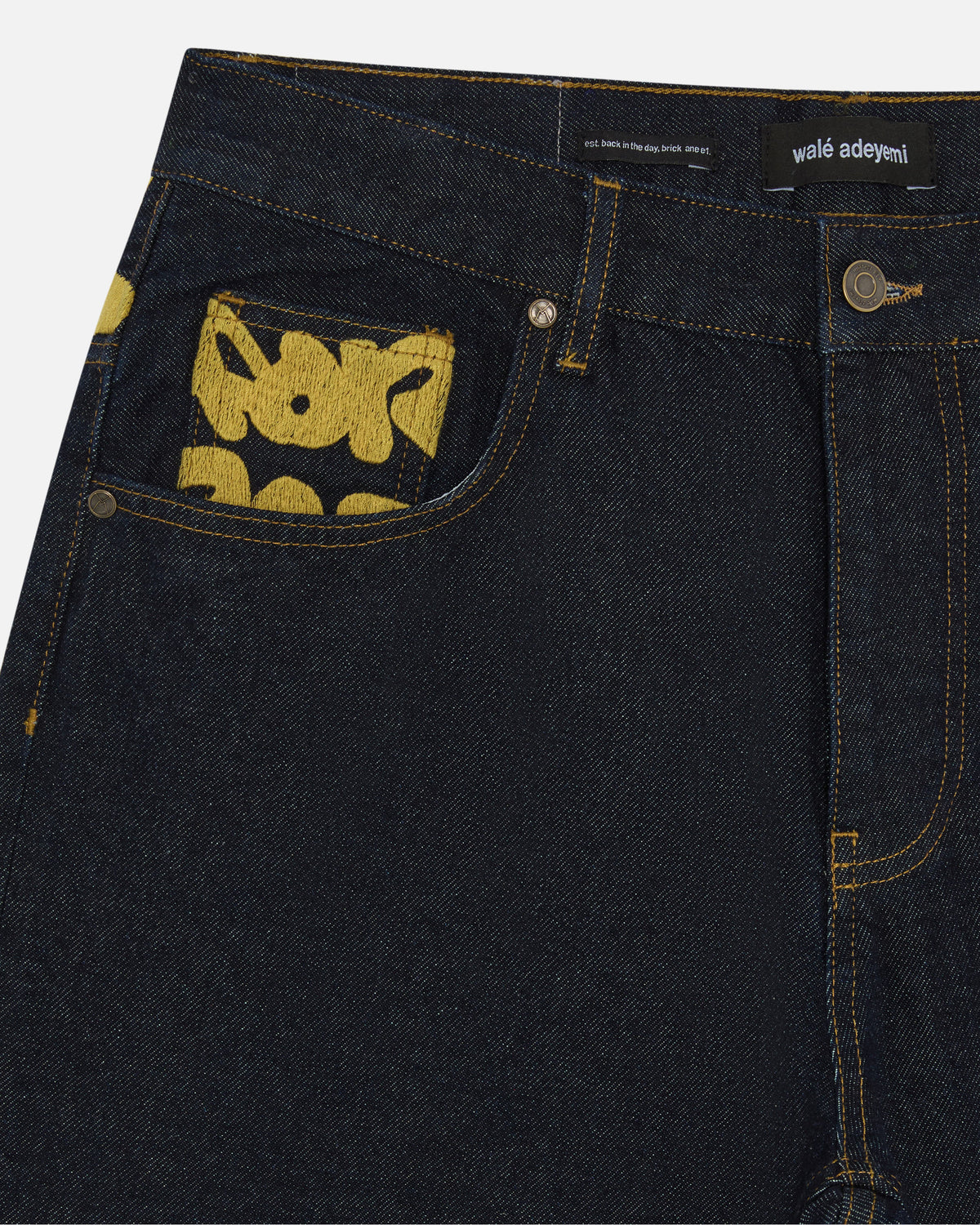 Walé Adeyemi Sessions Denim Jeans in Misted Yellow (raw rinse wash), embroidery detail