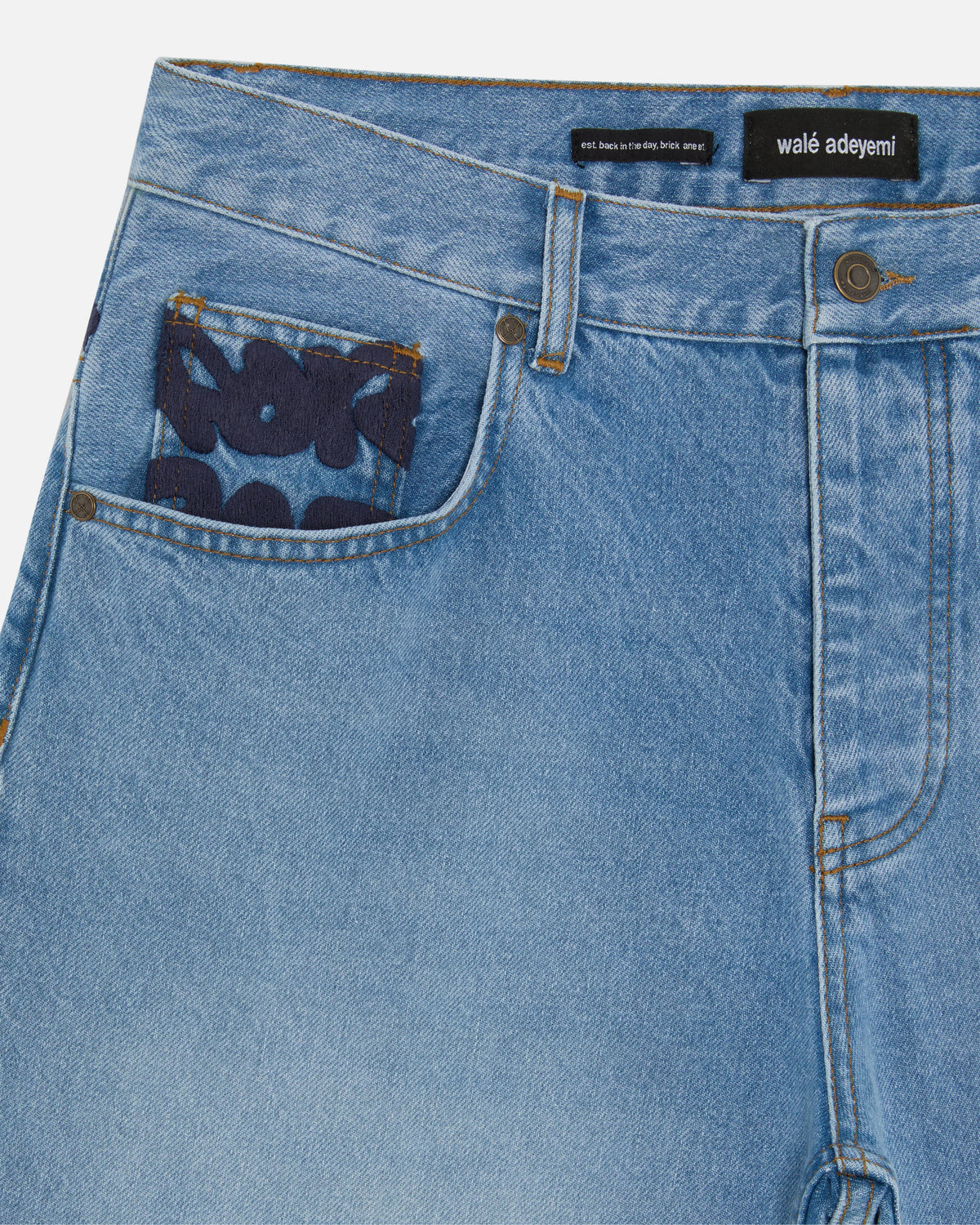 Walé Adeyemi Archive Denim Jeans in Navy Peony (light blue wash), embroidery detail