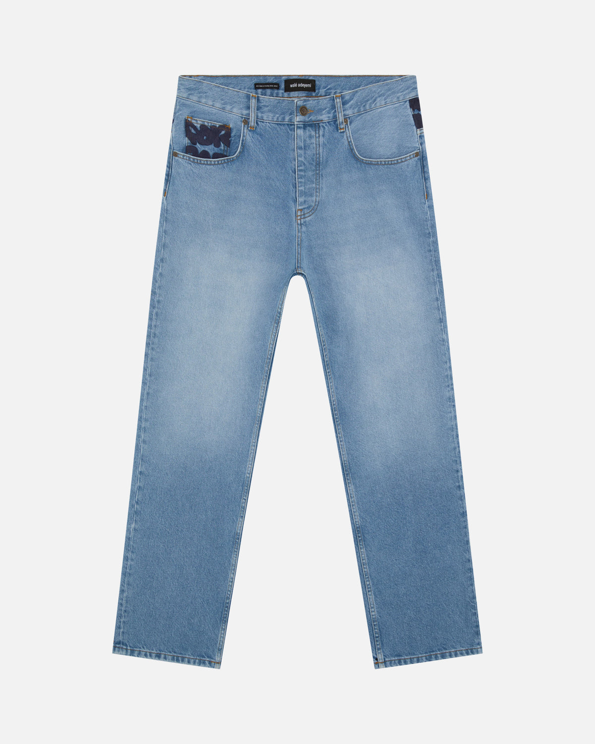 Walé Adeyemi Archive Denim Jeans in Navy Peony (light blue wash), flat on white, front