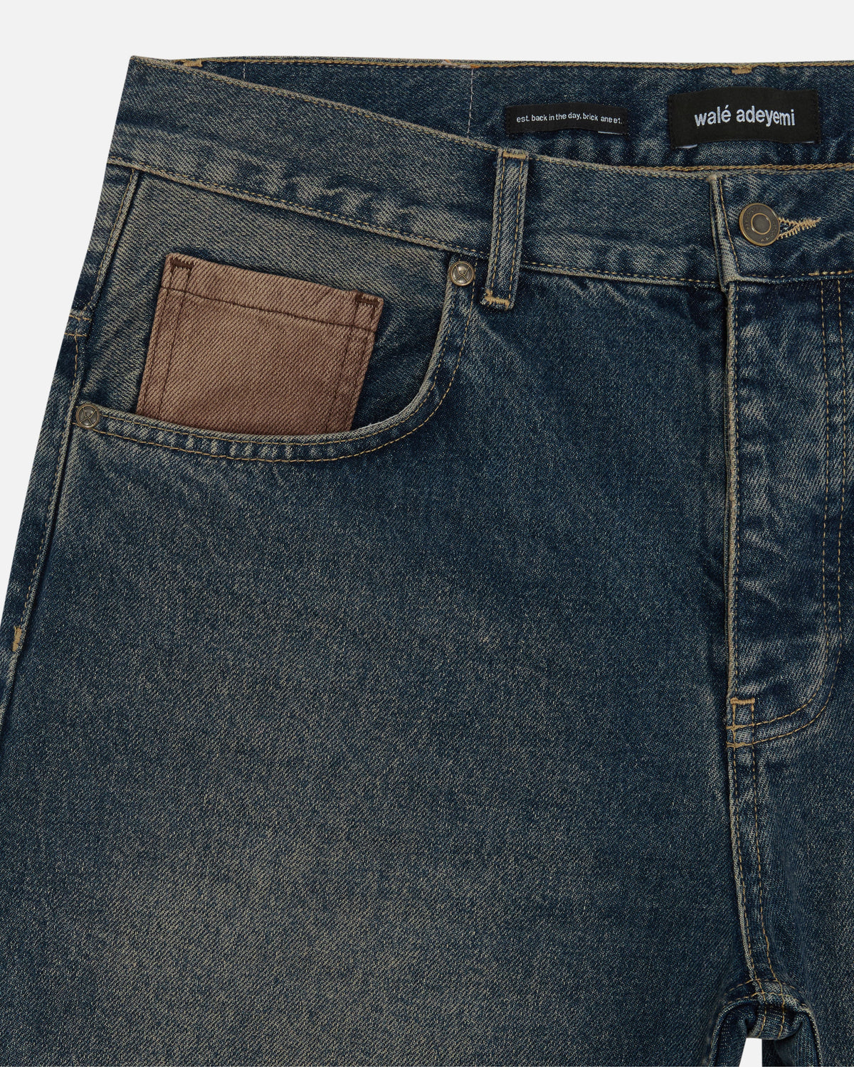 Walé Adeyemi Masters Denim Jeans in Tinted Dark Wash, coin pocket and patch detail