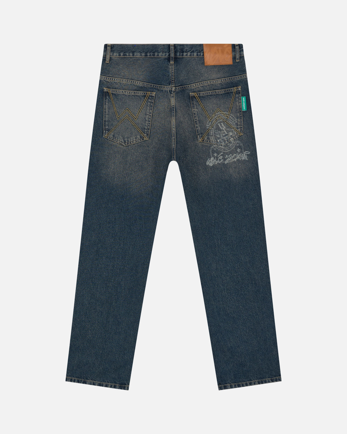 Walé Adeyemi Masters Denim Jeans in Tinted Dark Wash, flat on white, back