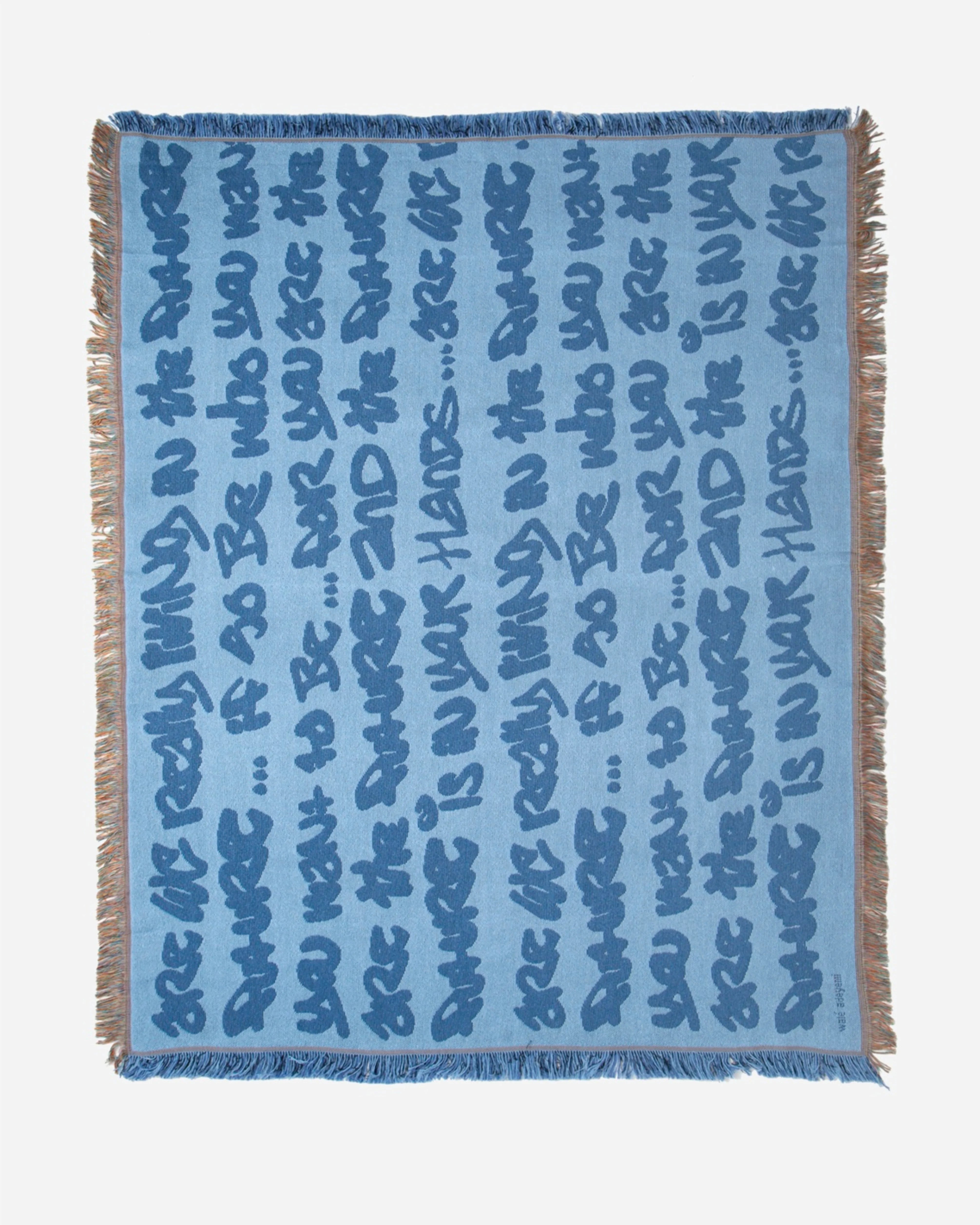 Walé Adeyemi blue graffiti print woven throw blanket with fringe