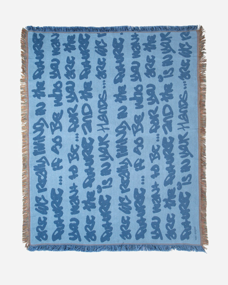 Walé Adeyemi blue graffiti print woven throw blanket with fringe