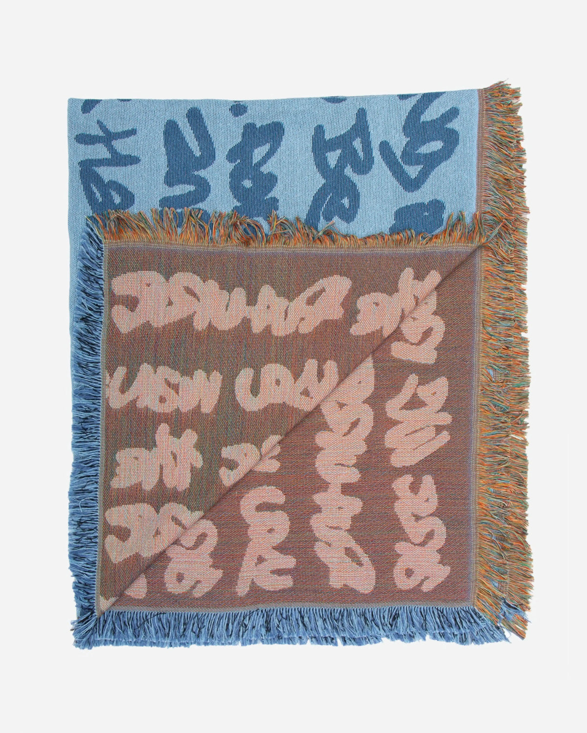 Walé Adeyemi blue  andlight pink graffiti print woven throw blanket with fringe