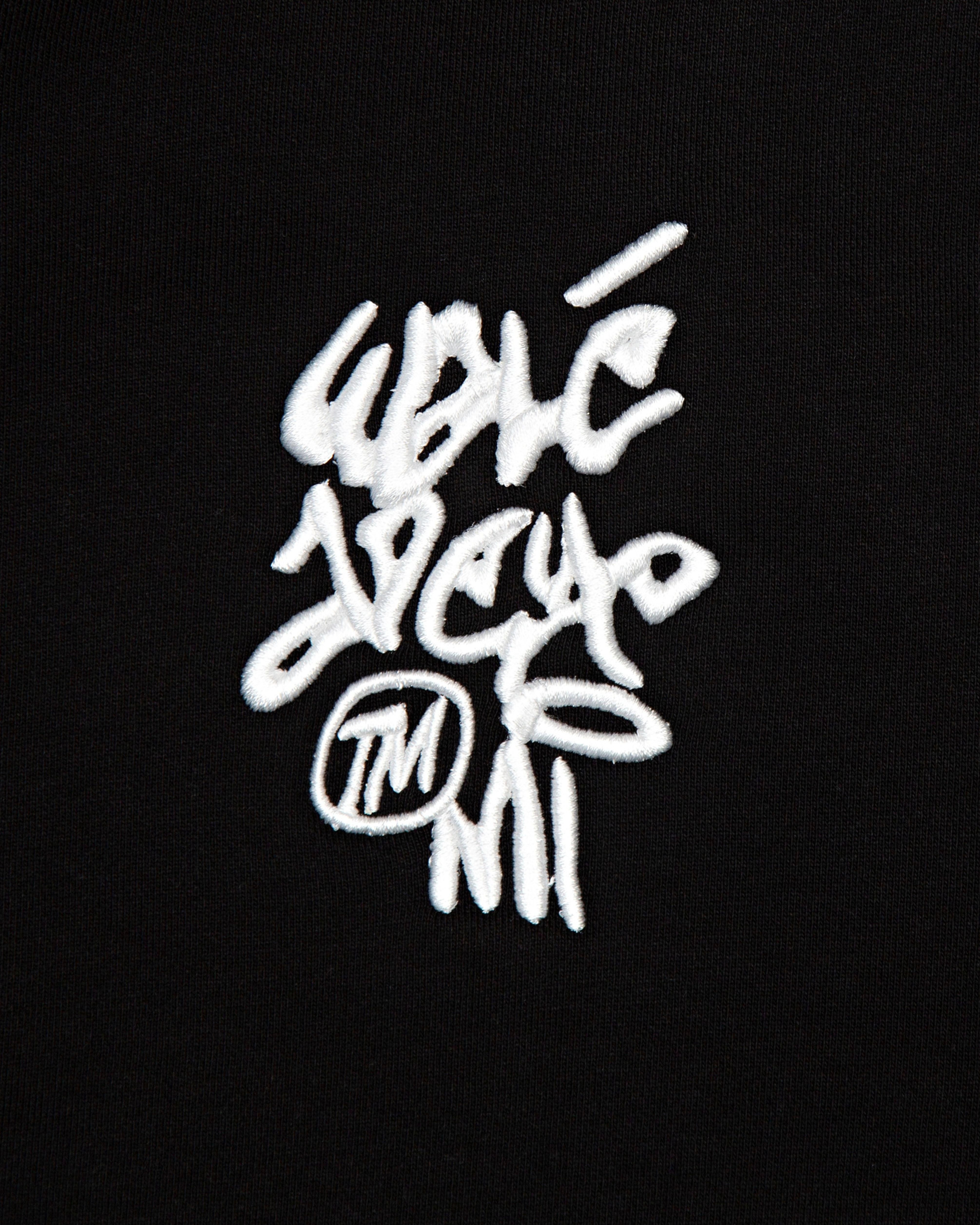 Close-up of the embroidery on the Walé Adeyemi Vinnie Hoodie in Black/White