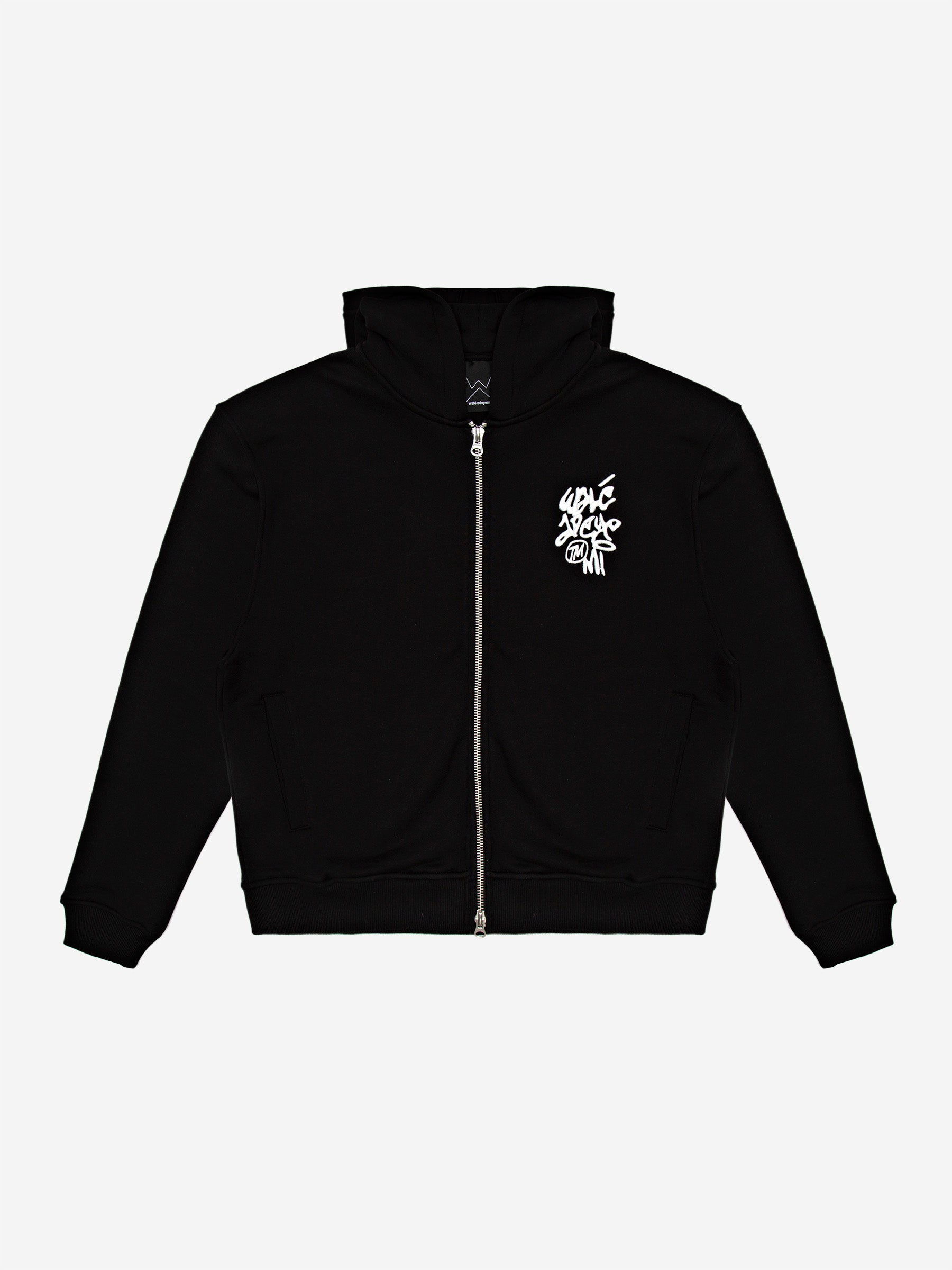 Walé Adeyemi Vinnie full-zip hoodie in Black/White, front flat-lay view with embroidered graffiti chest logo