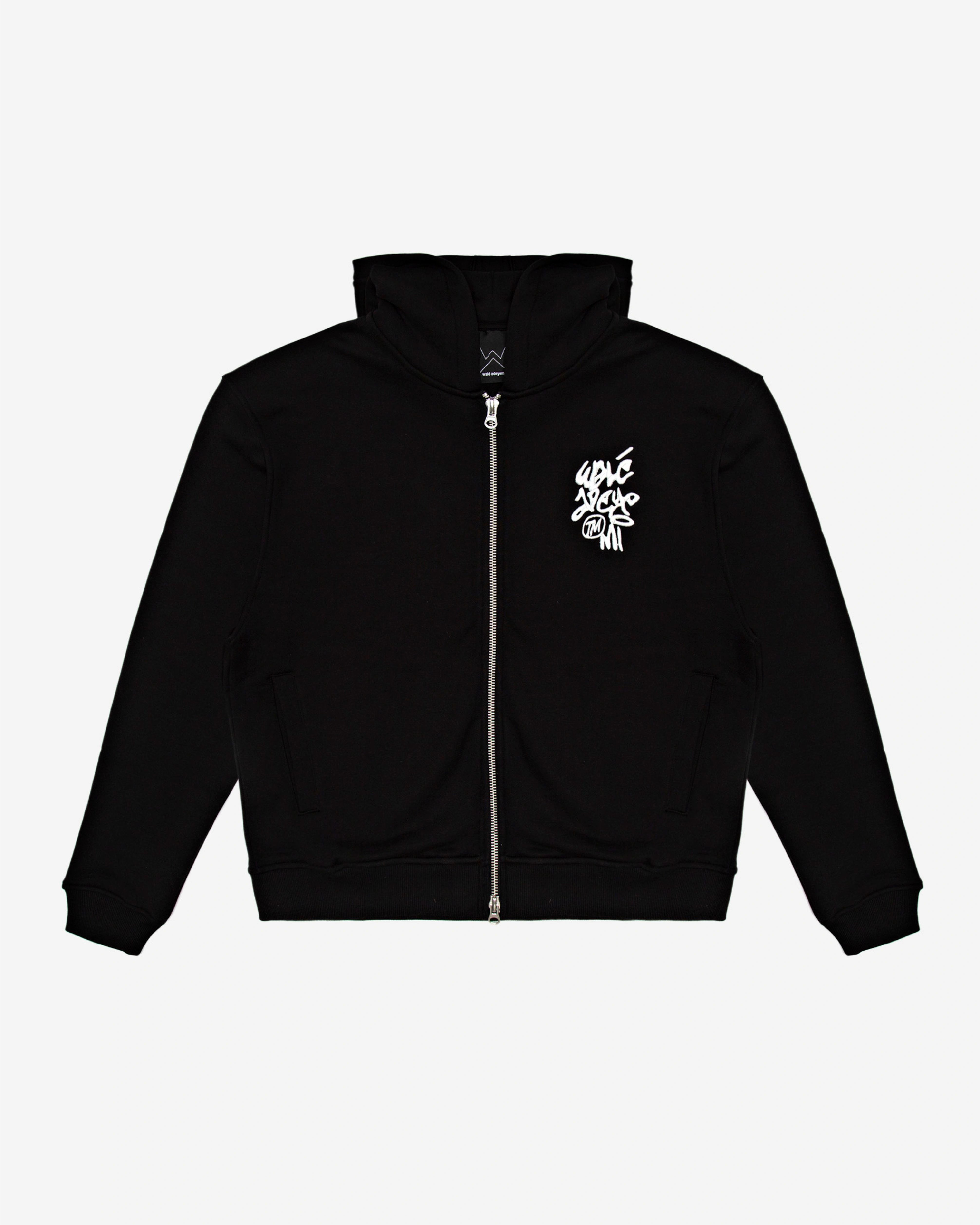 Walé Adeyemi Vinnie full-zip hoodie in Black/White, front flat-lay view with embroidered graffiti chest logo