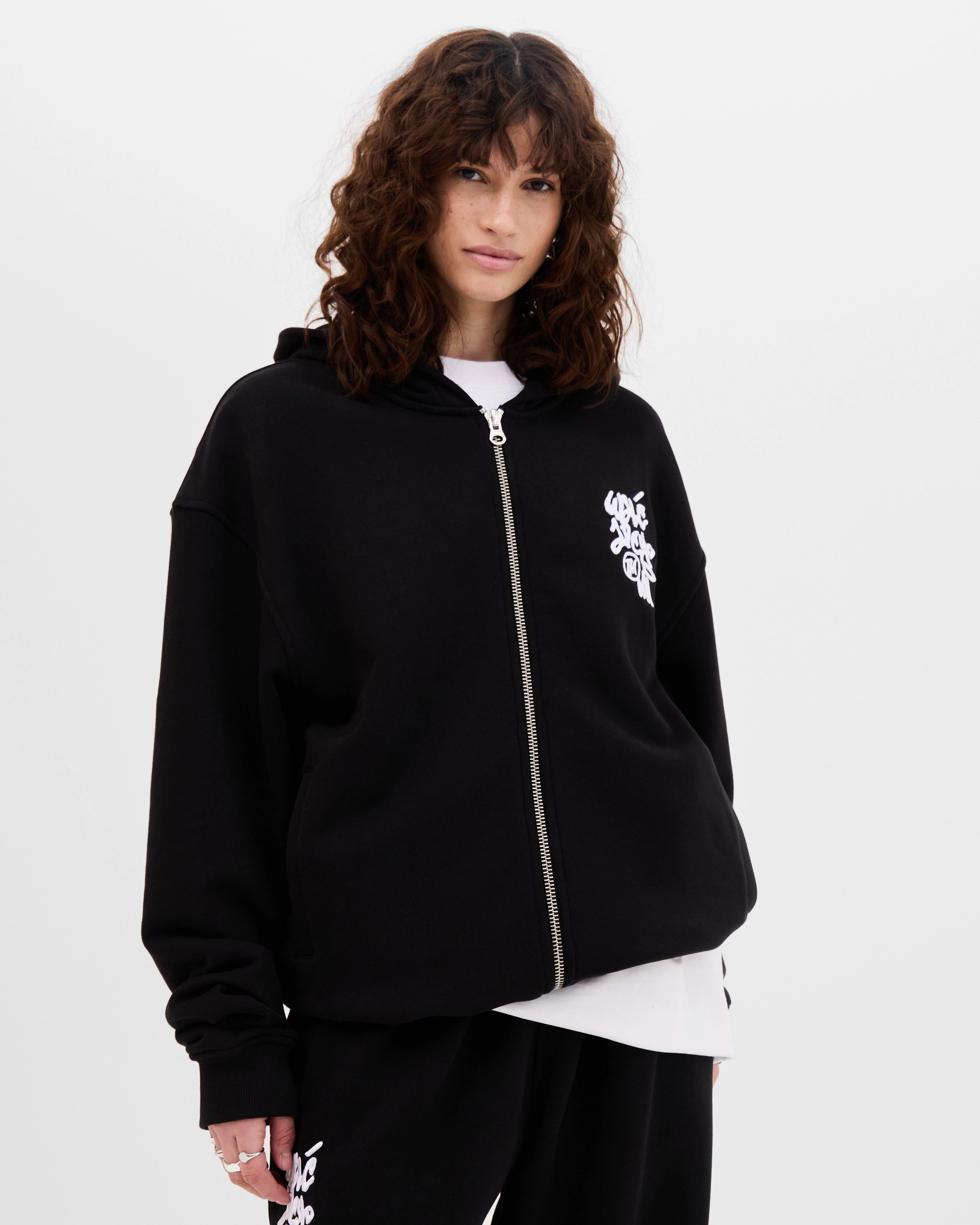 Model wearing the Walé Adeyemi Vinnie Hoodie in Black/White, front view