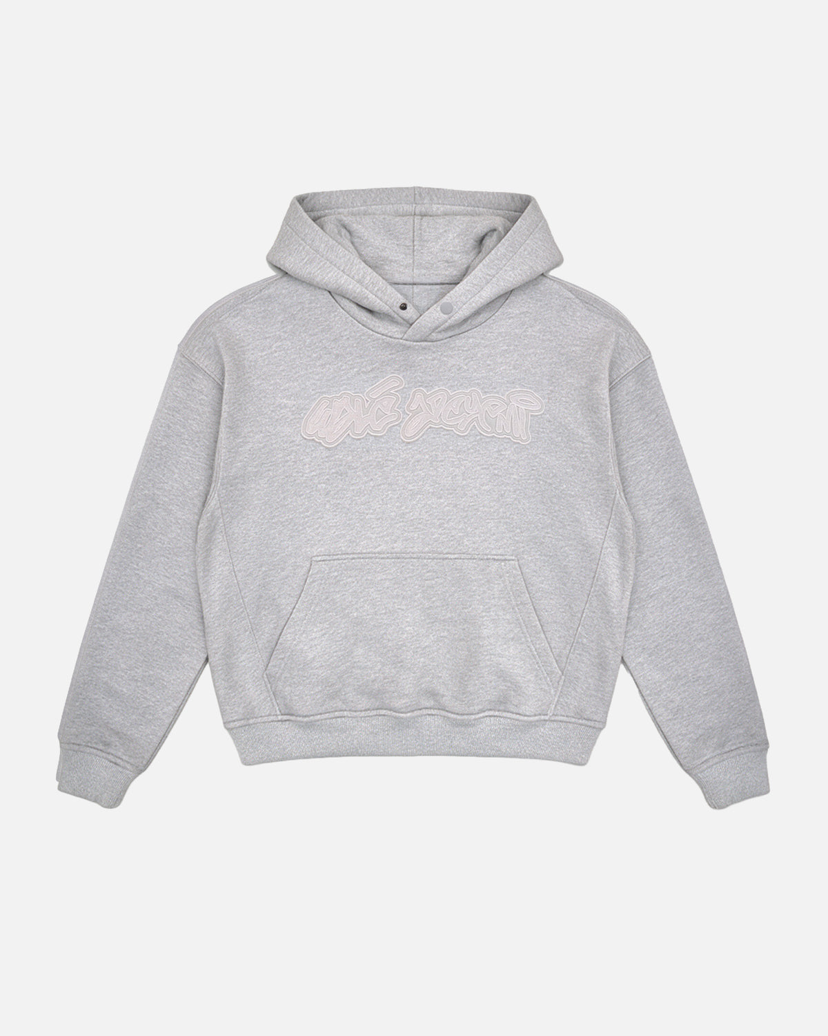 Grey hoodie with Wale Adeyemi logo on the chest front view
