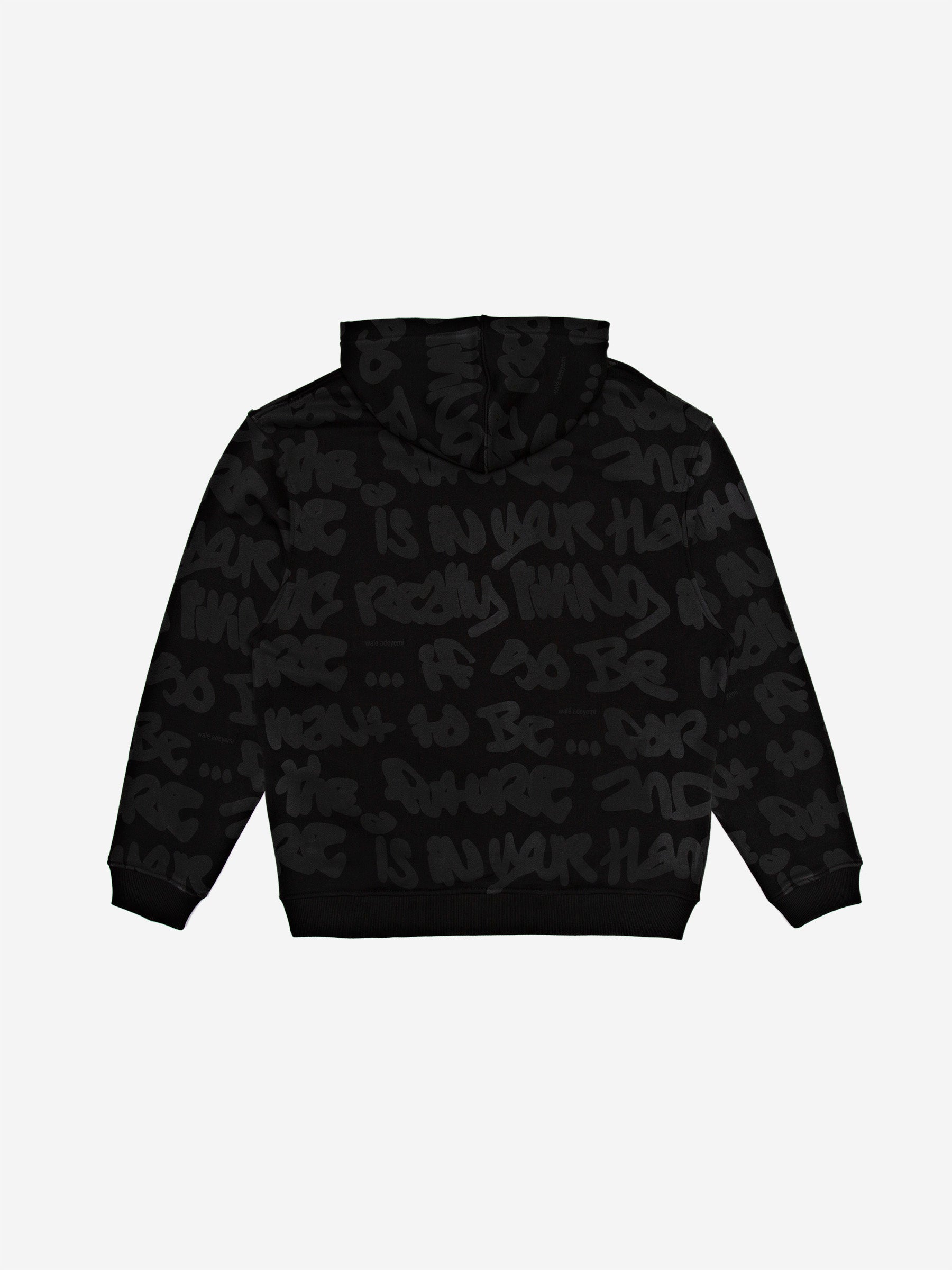Walé Adeyemi AOP Graf Hood in Black, back flat-lay view showing the tonal all-over graffiti print