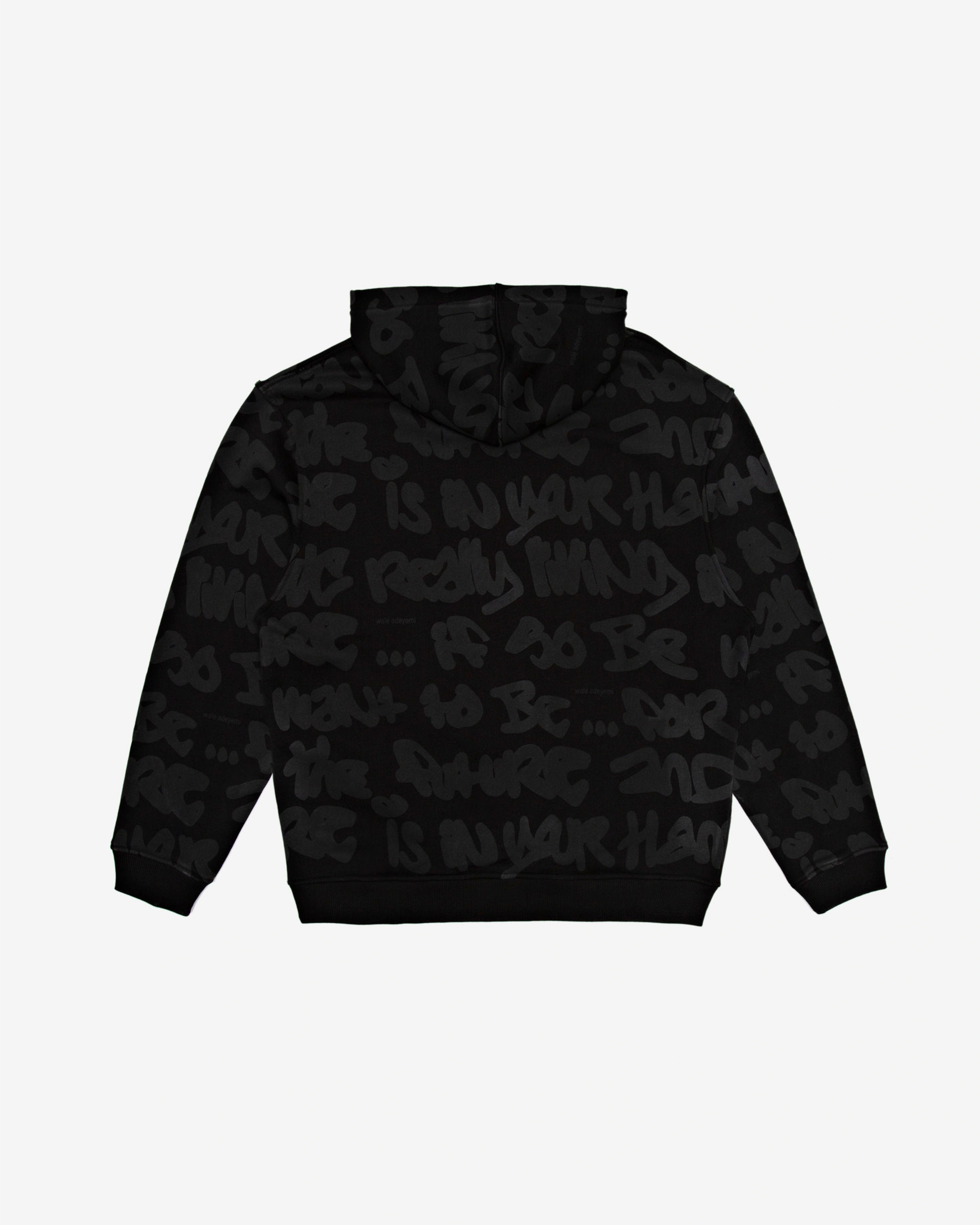 Walé Adeyemi AOP Graf Hood in Black, back flat-lay view showing the tonal all-over graffiti print
