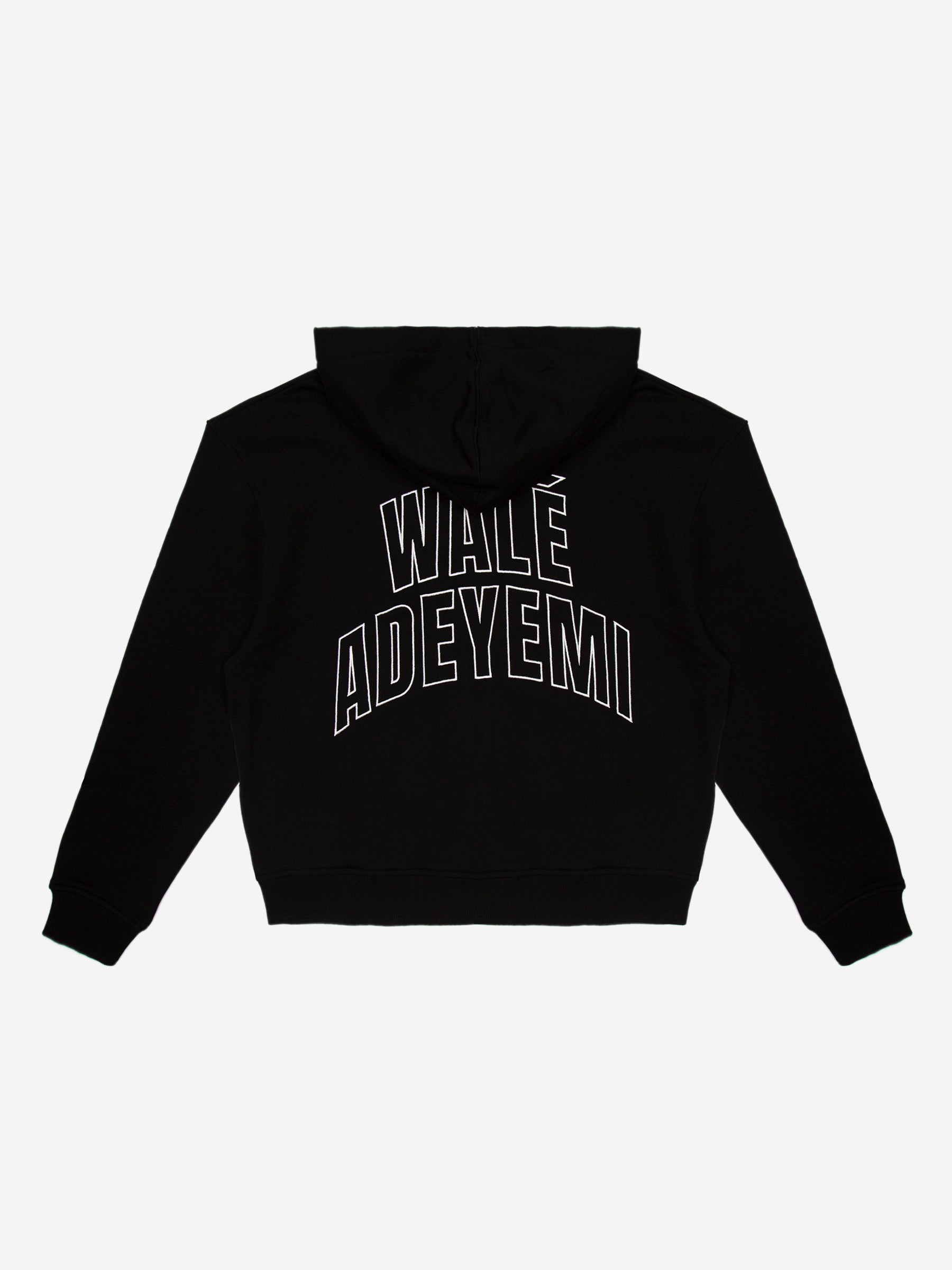 Walé Adeyemi Bridge full-zip hoodie in Black/White, back flat-lay view showing the arched WALÉ ADEYEMI outline print