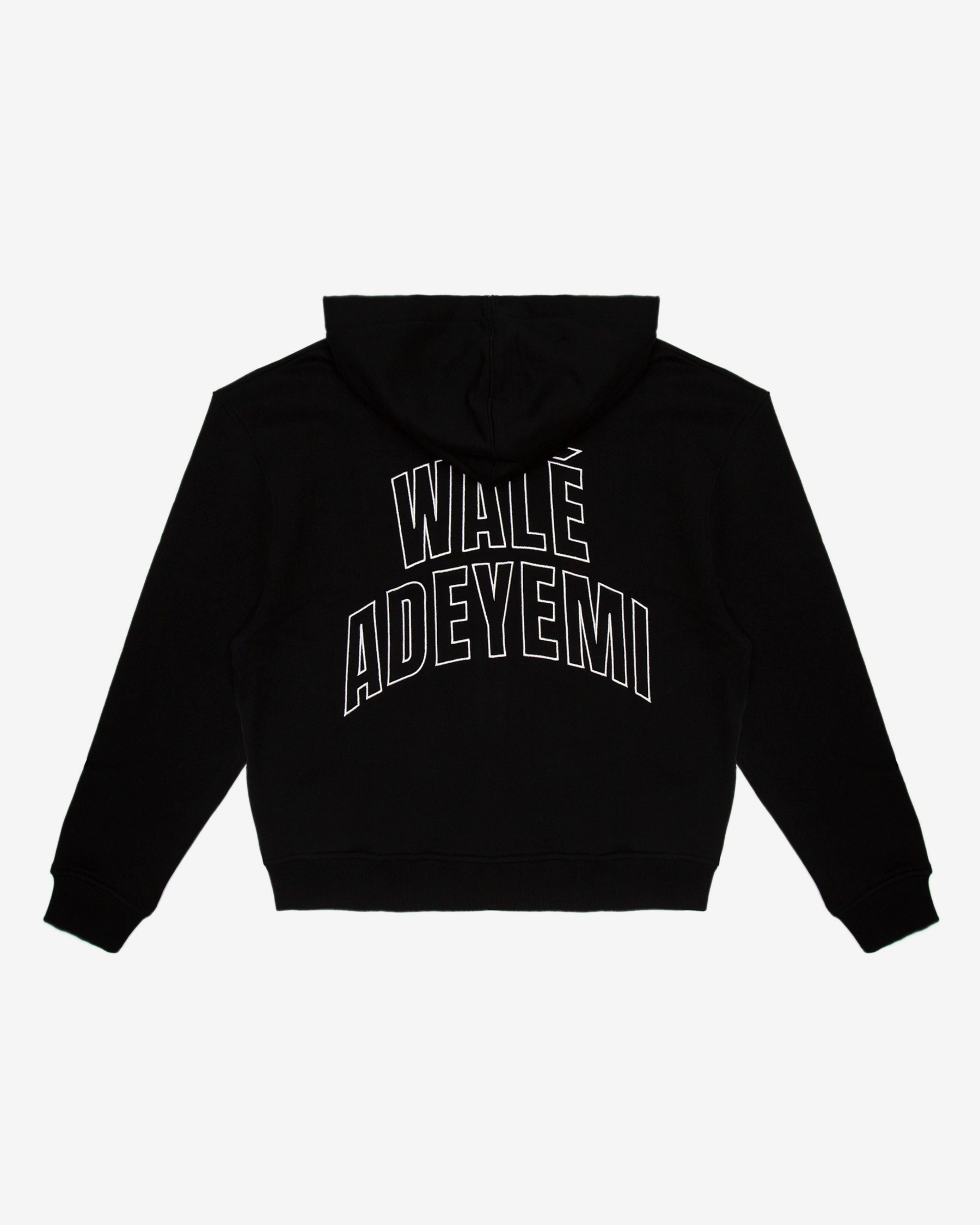 Walé Adeyemi Bridge full-zip hoodie in Black/White, back flat-lay view showing the arched WALÉ ADEYEMI outline print