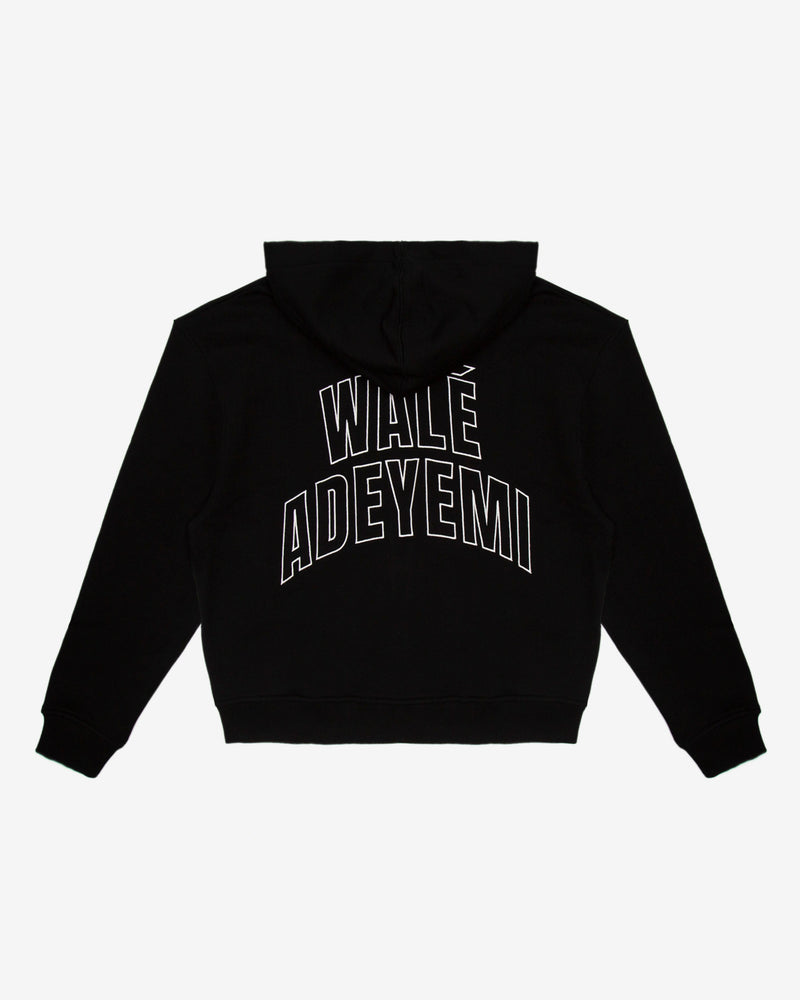Walé Adeyemi Bridge full-zip hoodie in Black/White, back flat-lay view showing the arched WALÉ ADEYEMI outline print