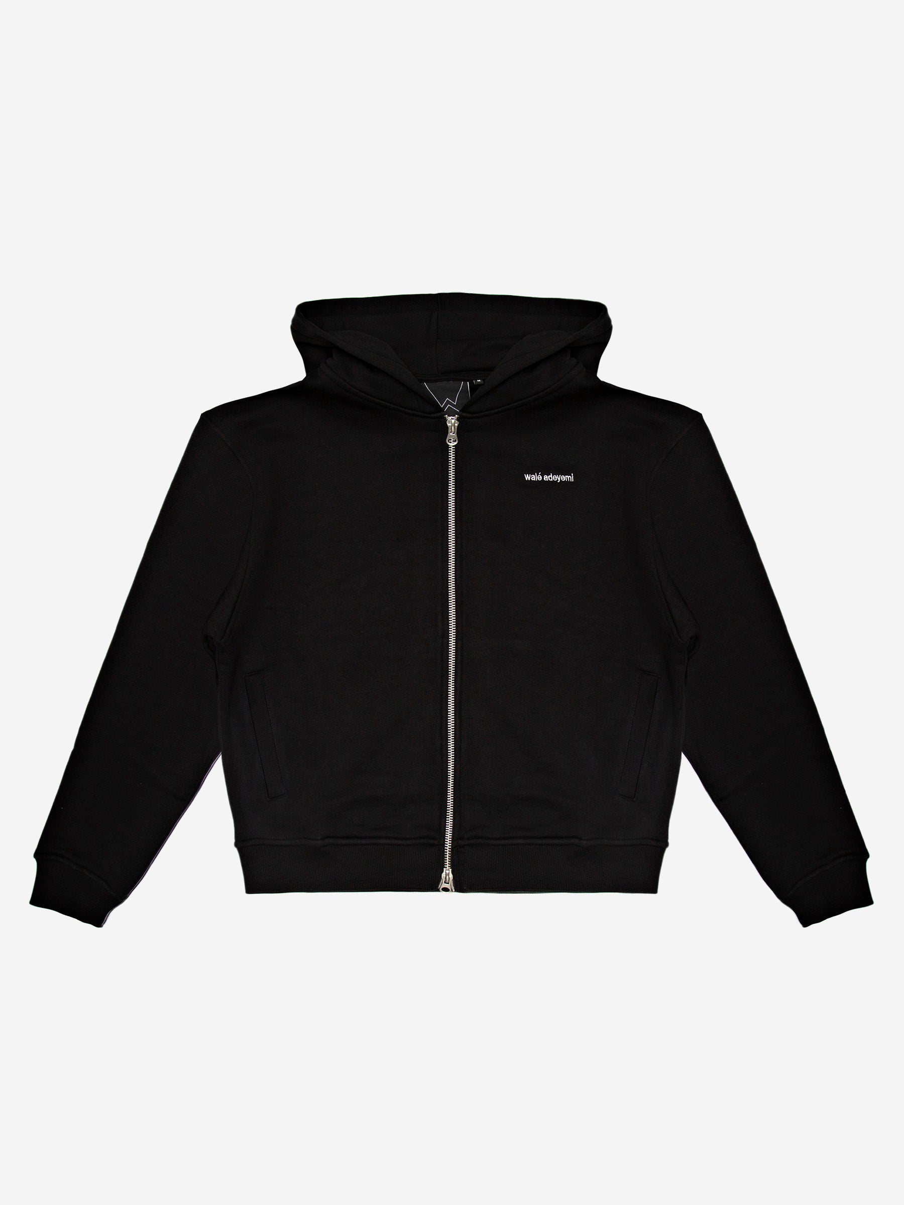 Walé Adeyemi Bridge full-zip hoodie in Black/White, front flat-lay view with embroidered chest logo and silver zip