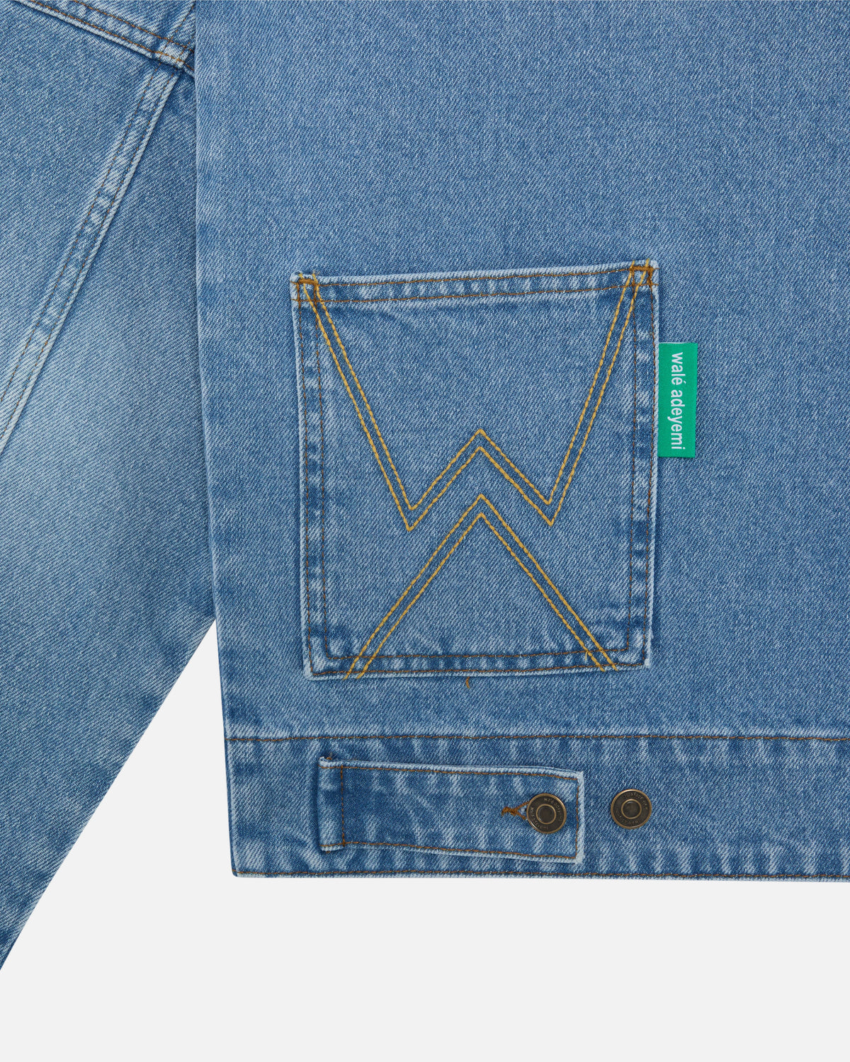 Walé Adeyemi Archive Denim Jacket in Navy Peony (light blue wash), back pocket detail