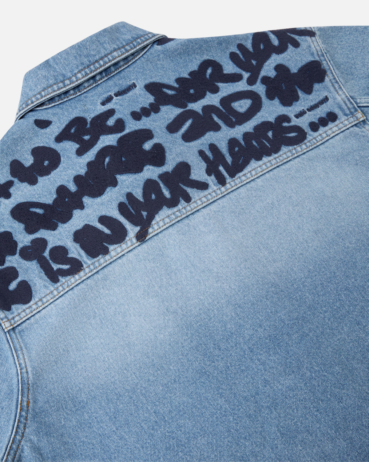 Walé Adeyemi Archive Denim Jacket in Navy Peony (light blue wash), back yoke embroidery detail