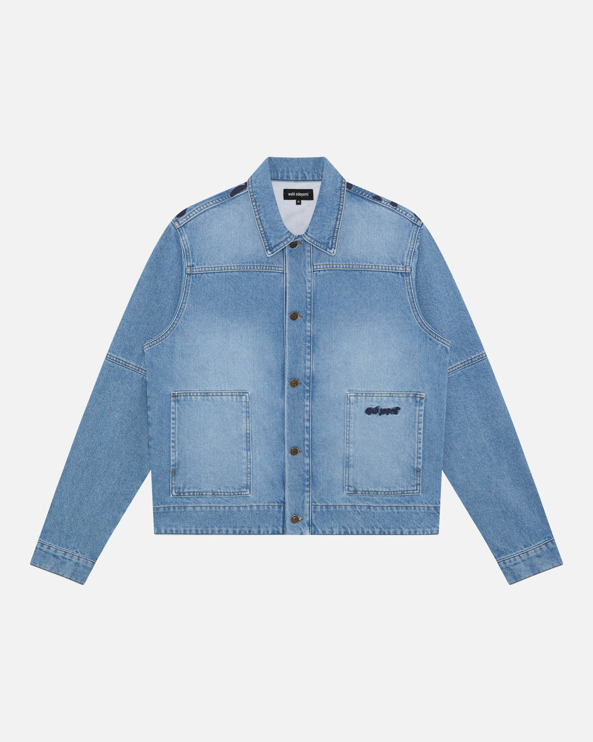 Walé Adeyemi Archive Denim Jacket in Navy Peony (light blue wash), flat on white, front