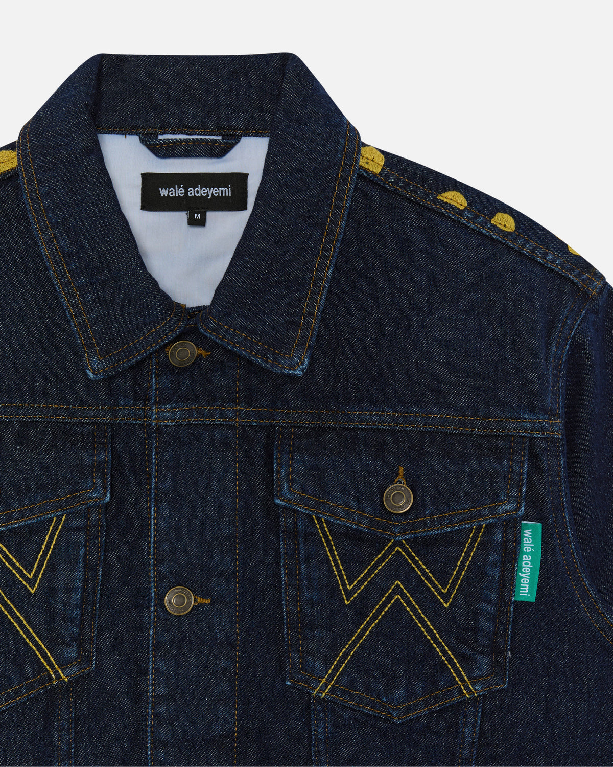 Walé Adeyemi Sessions Denim Jacket in Misted Yellow (raw rinse wash), front pocket detail