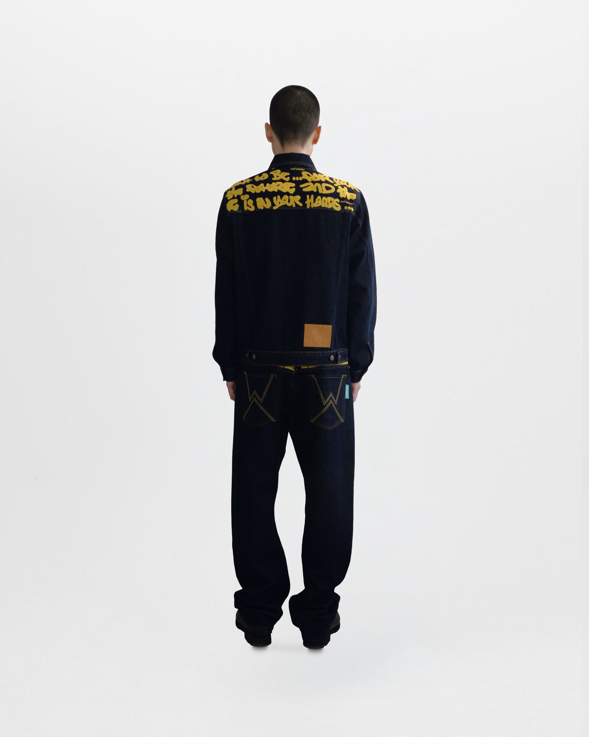 Walé Adeyemi Sessions Denim Jacket and Jeans in Misted Yellow (raw rinse wash), on model, back