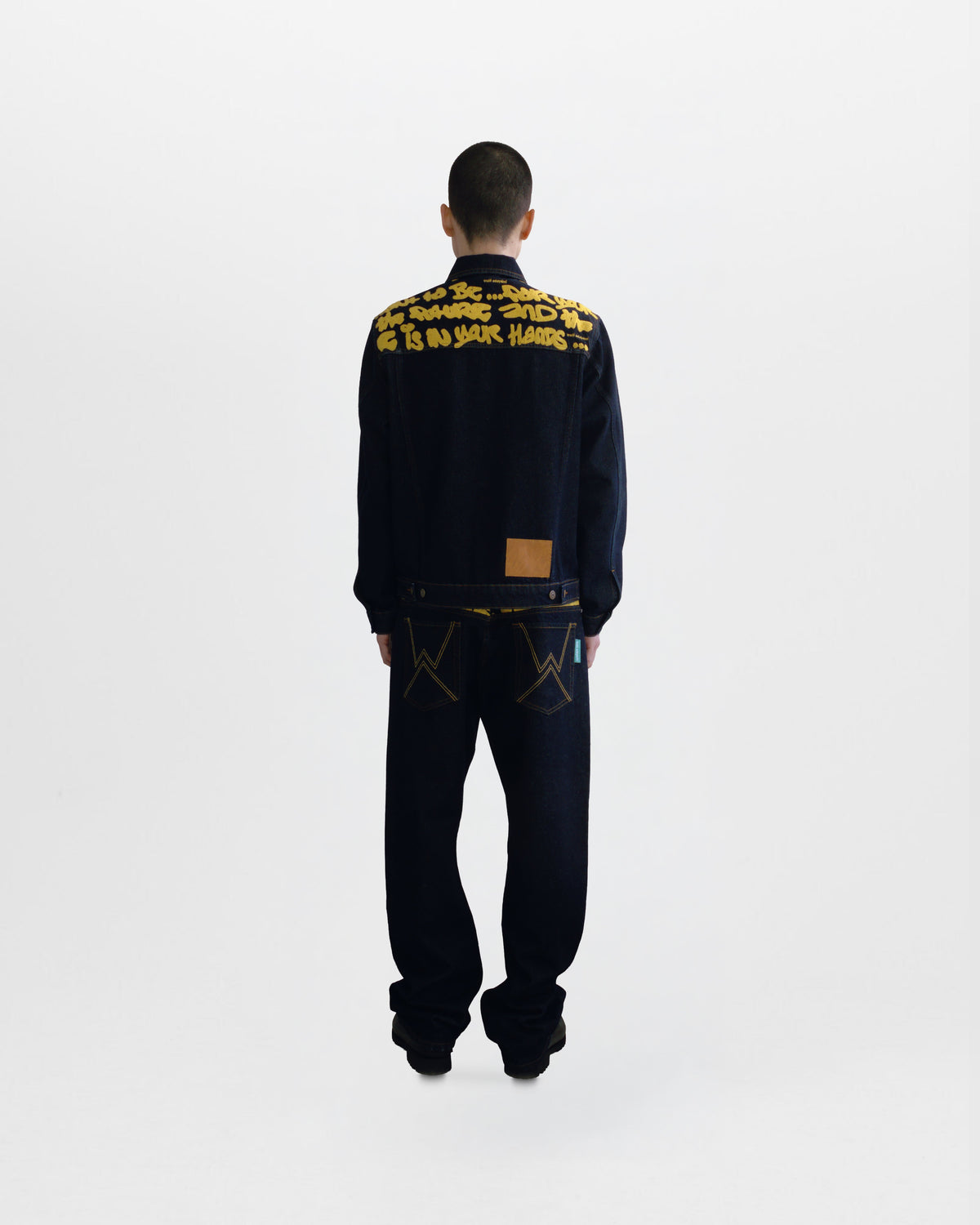 Walé Adeyemi Sessions Denim Jeans and Jacket in Misted Yellow (raw rinse wash), on model, back