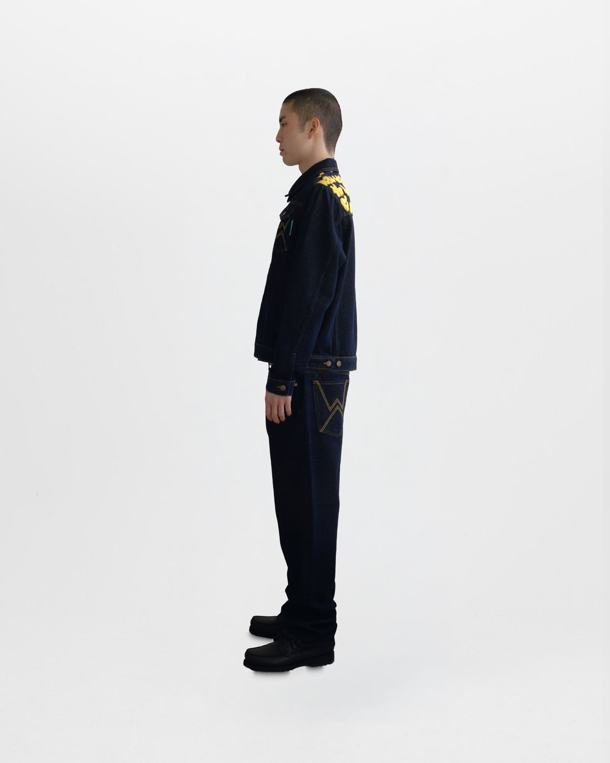Walé Adeyemi Sessions Denim Jacket and Jeans in Misted Yellow (raw rinse wash), on model, side