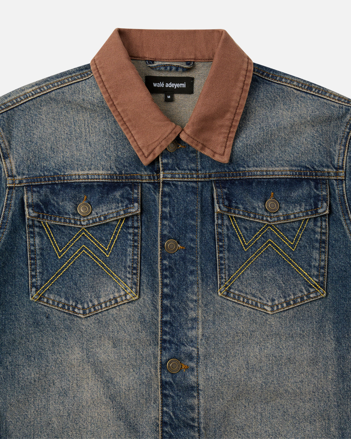Walé Adeyemi Masters Denim Jacket in Tinted Dark Wash, pockets and collar detail