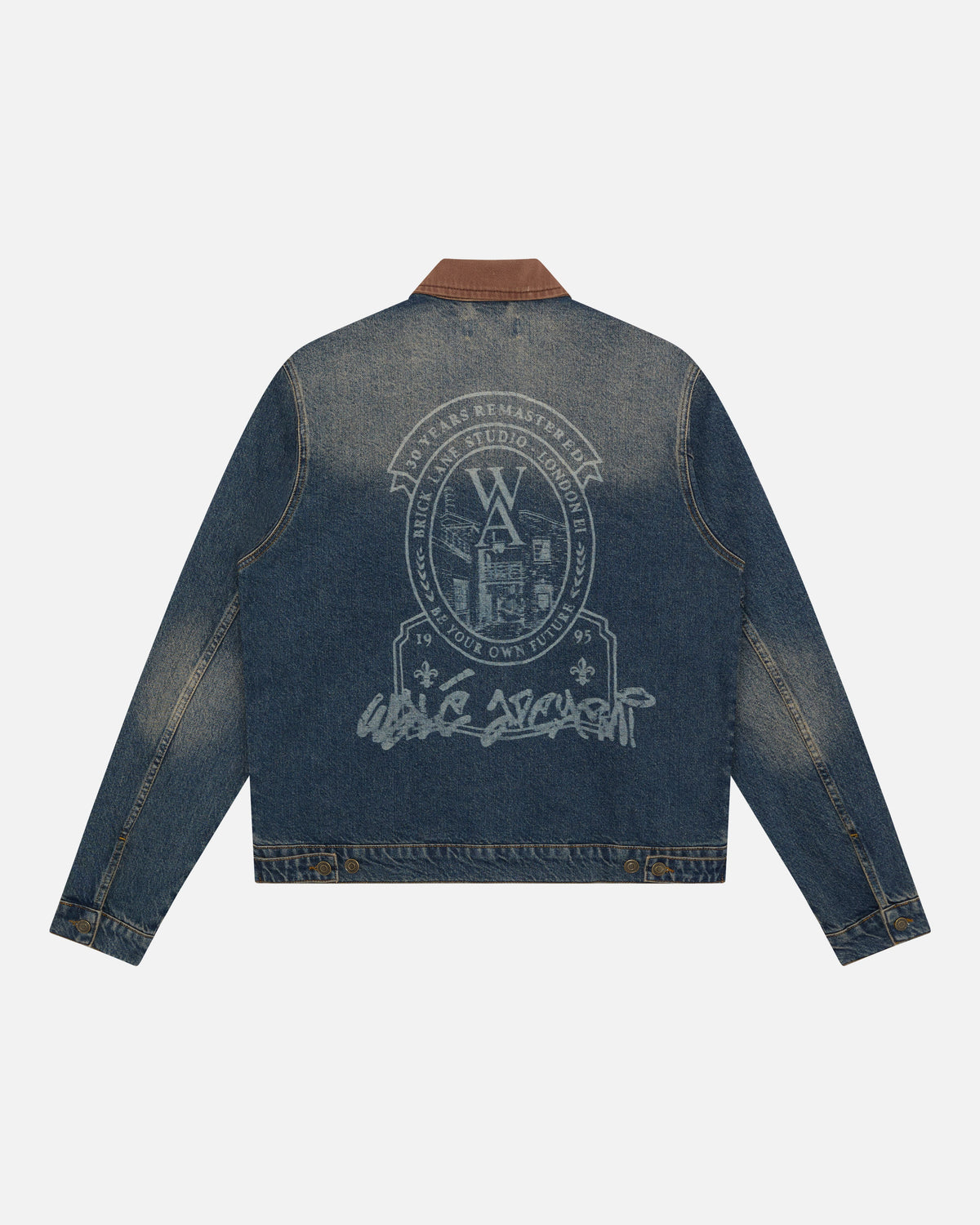 Walé Adeyemi Masters Denim Jacket in Tinted Dark Wash, flat on white, back