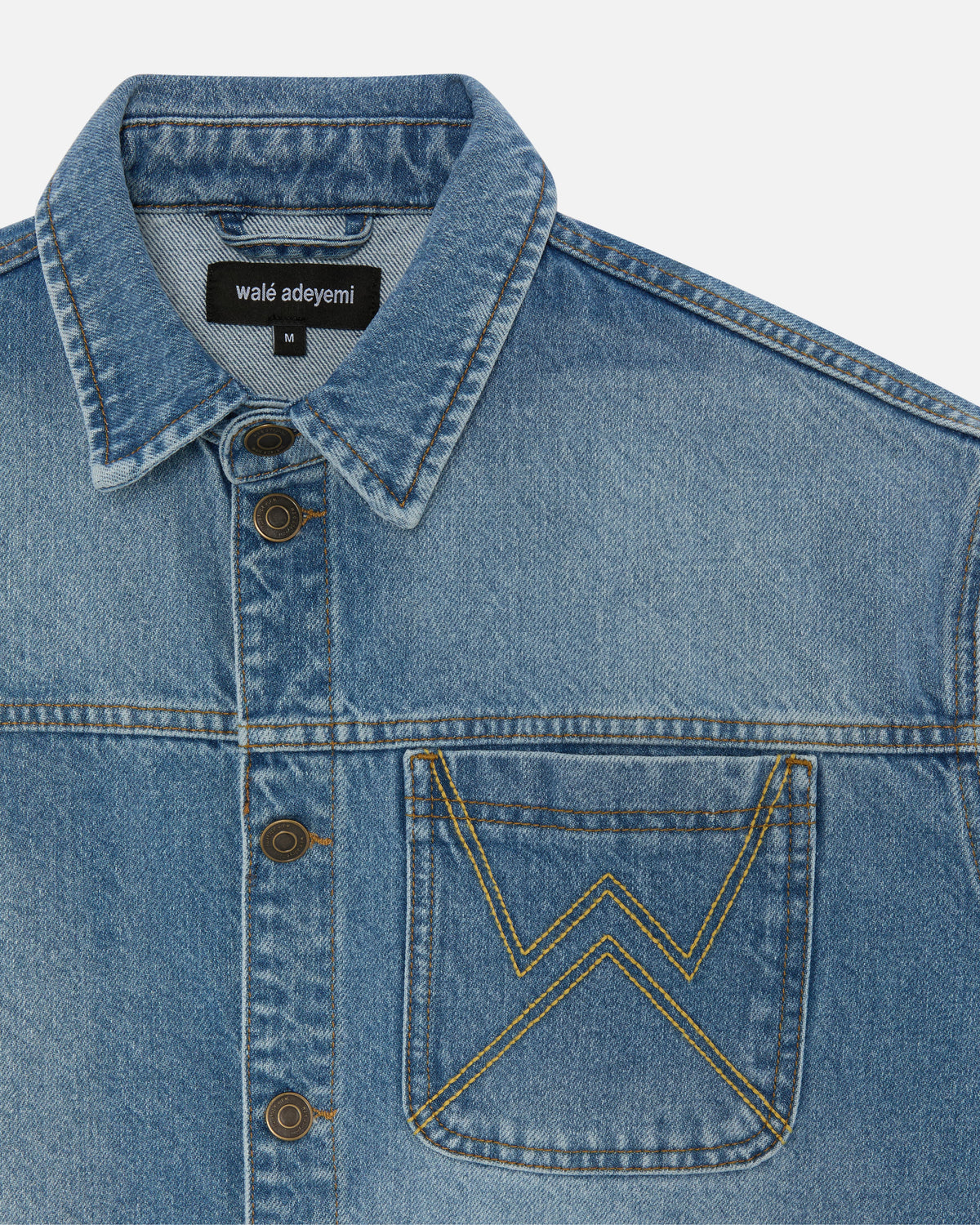 Walé Adeyemi Studio Denim Overshirt in Blue (light blue wash), pocket and collar detail