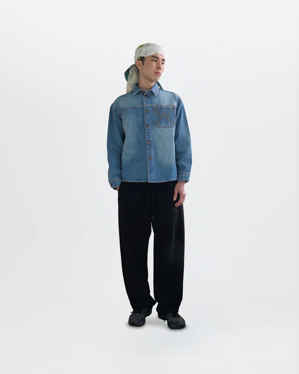 Walé Adeyemi Studio Denim Overshirt in Blue (light blue wash), on model, front