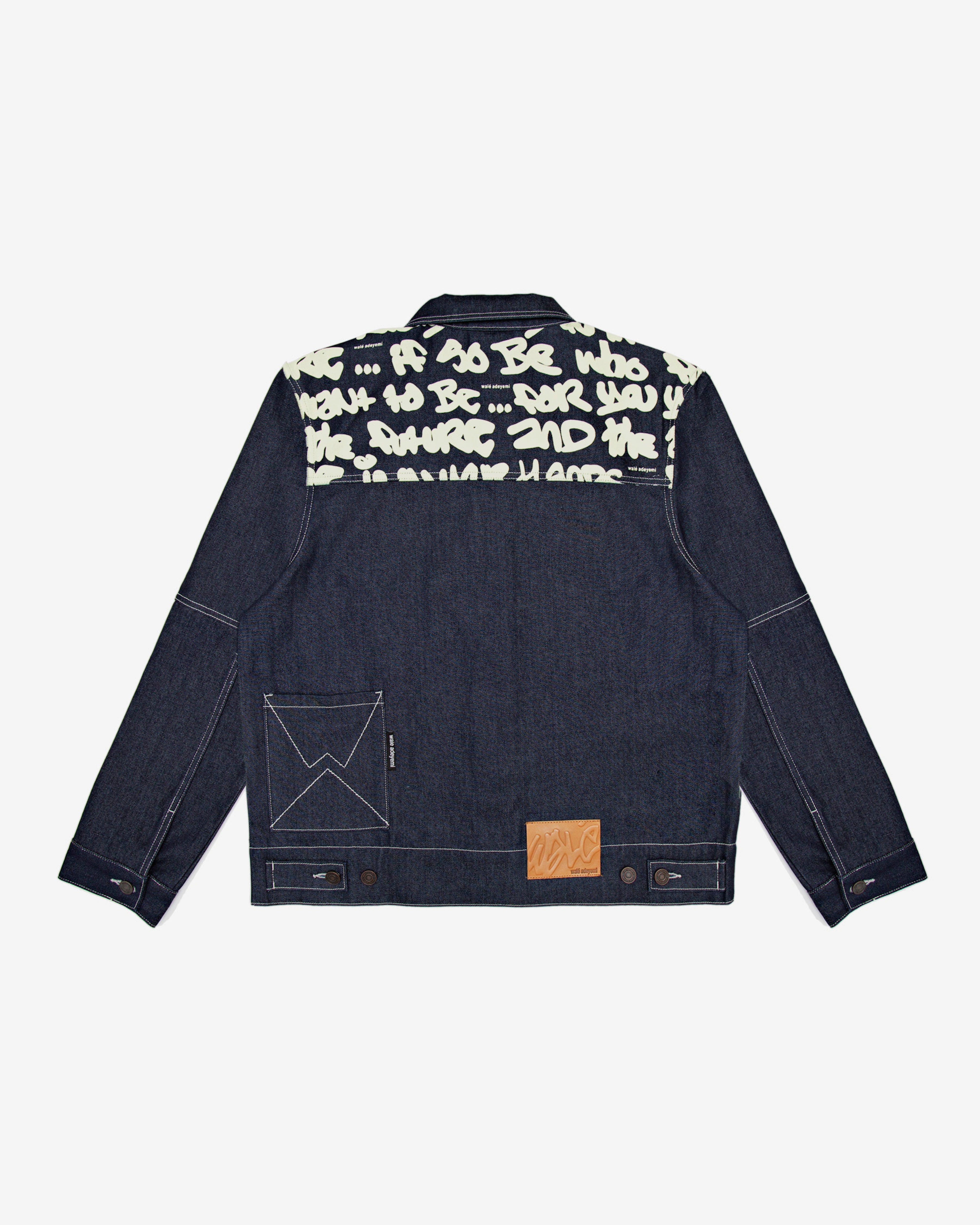 Walé Adeyemi Archive Graf Denim Jacket in Navy/Lemon, back flat-lay view showing the graffiti yoke print and leather patch