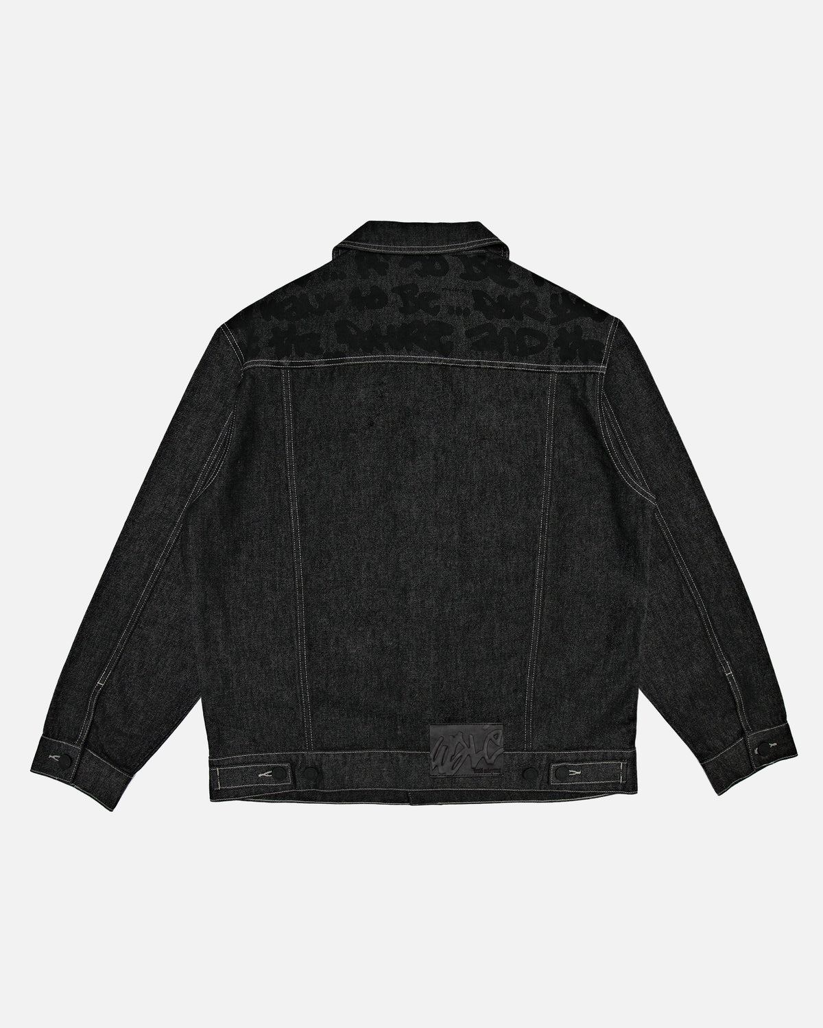 Walé Adeyemi Midnight Graf Denim Jacket in Black, flat lay back view, tonal Graf across the back yoke