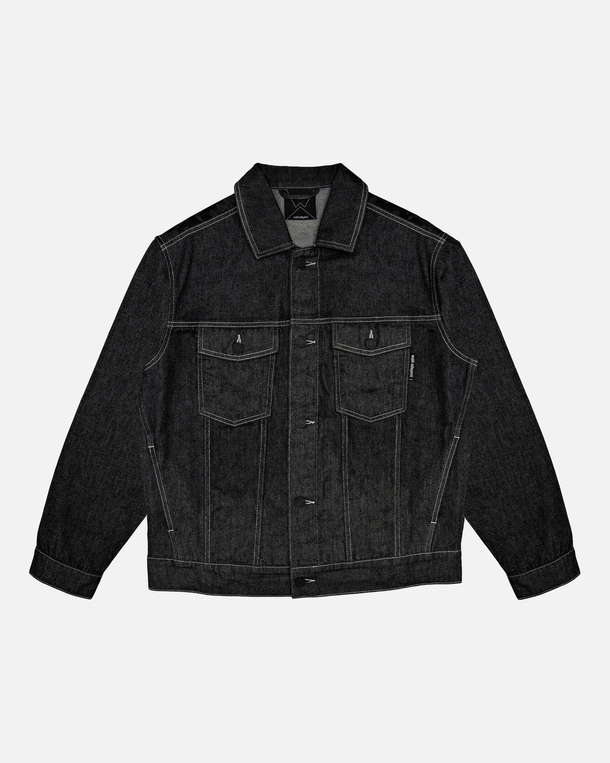 Walé Adeyemi Midnight Graf Denim Jacket in Black, flat lay front view